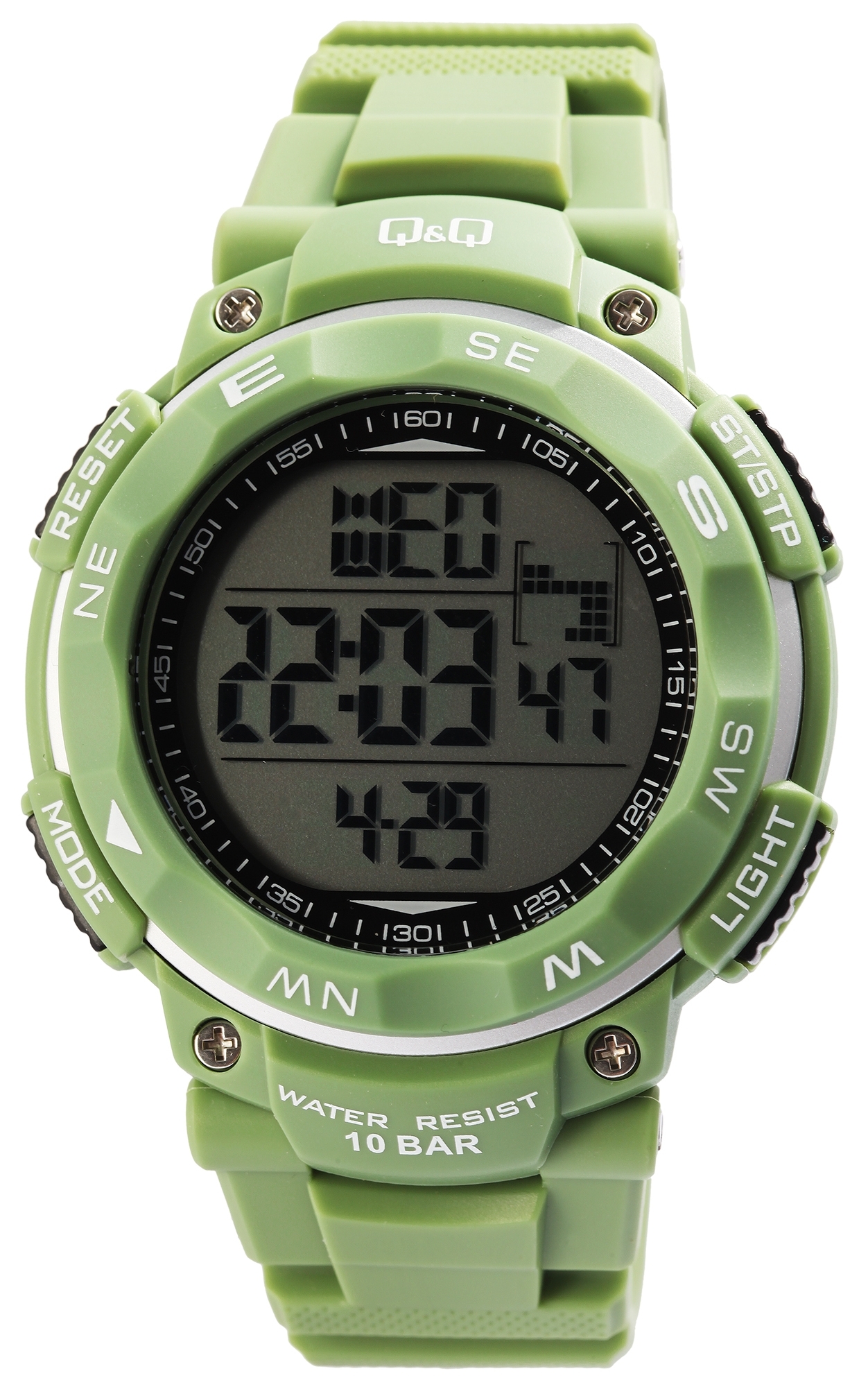 Q&Q Pánske náramkové hodinky zelené digitálne dátumové budíky Chrono Light Sport Quartz