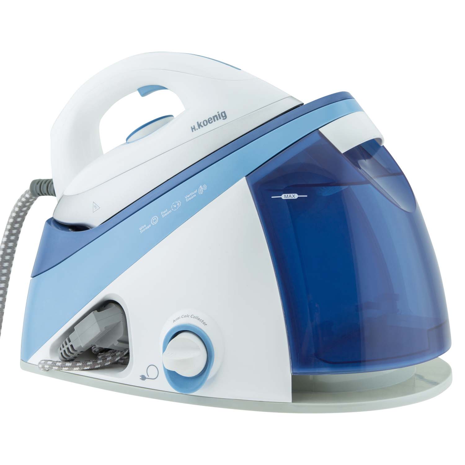H.Koenig V24 hochdruck Dampfbügelstation / gleichbleibender Dampfausstoß: max 150 g/min / Keramik-Spezialsohle / horizontale und vertikale Dampfstoßfunktion / 5 bar / 1,1 Liter Kapazität / blau