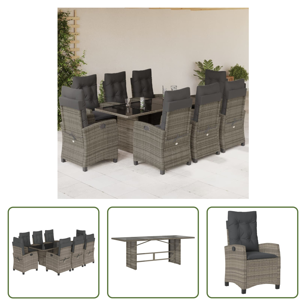 The Living Store 9-dielny záhradný jedálenský set s vankúšmi sivý polyratan