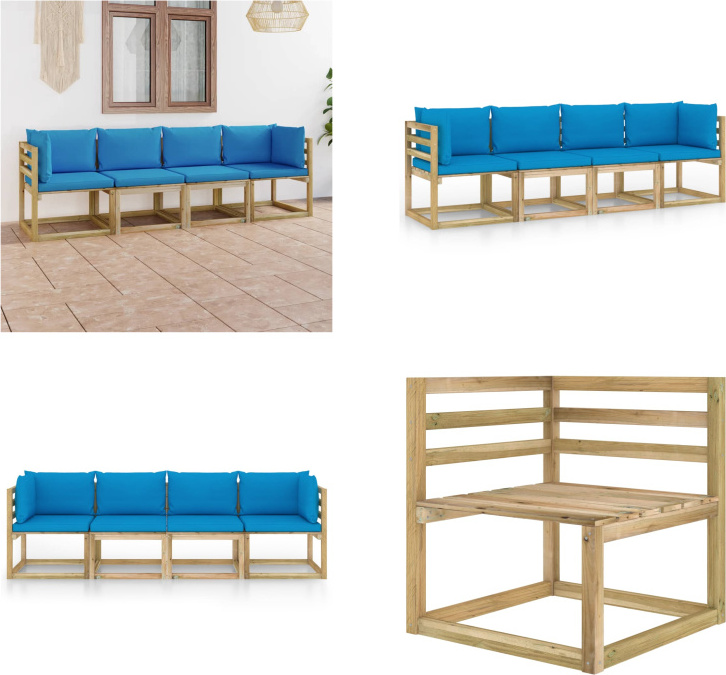 vidaXL Záhradná pohovka 4-miestna s vankúšmi v svetlomodrej farbe - Záhradná pohovka - Drevená pohovka - 4-miestna záhradná pohovka