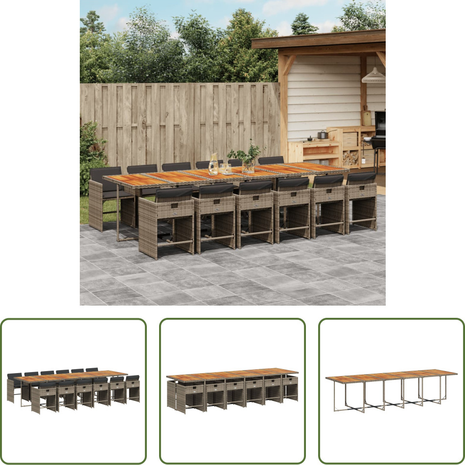 The Living Store 13-dielny záhradný jedálenský set s vankúšmi sivý polyratan