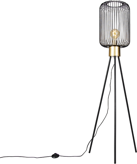 QAZQA - Modern Design-Stehlampe schwarz mit Gold I Messing - Mayelle I Wohnzimmer I Schlafzimmer - Stahl Rund - LED geeignet E27 104819