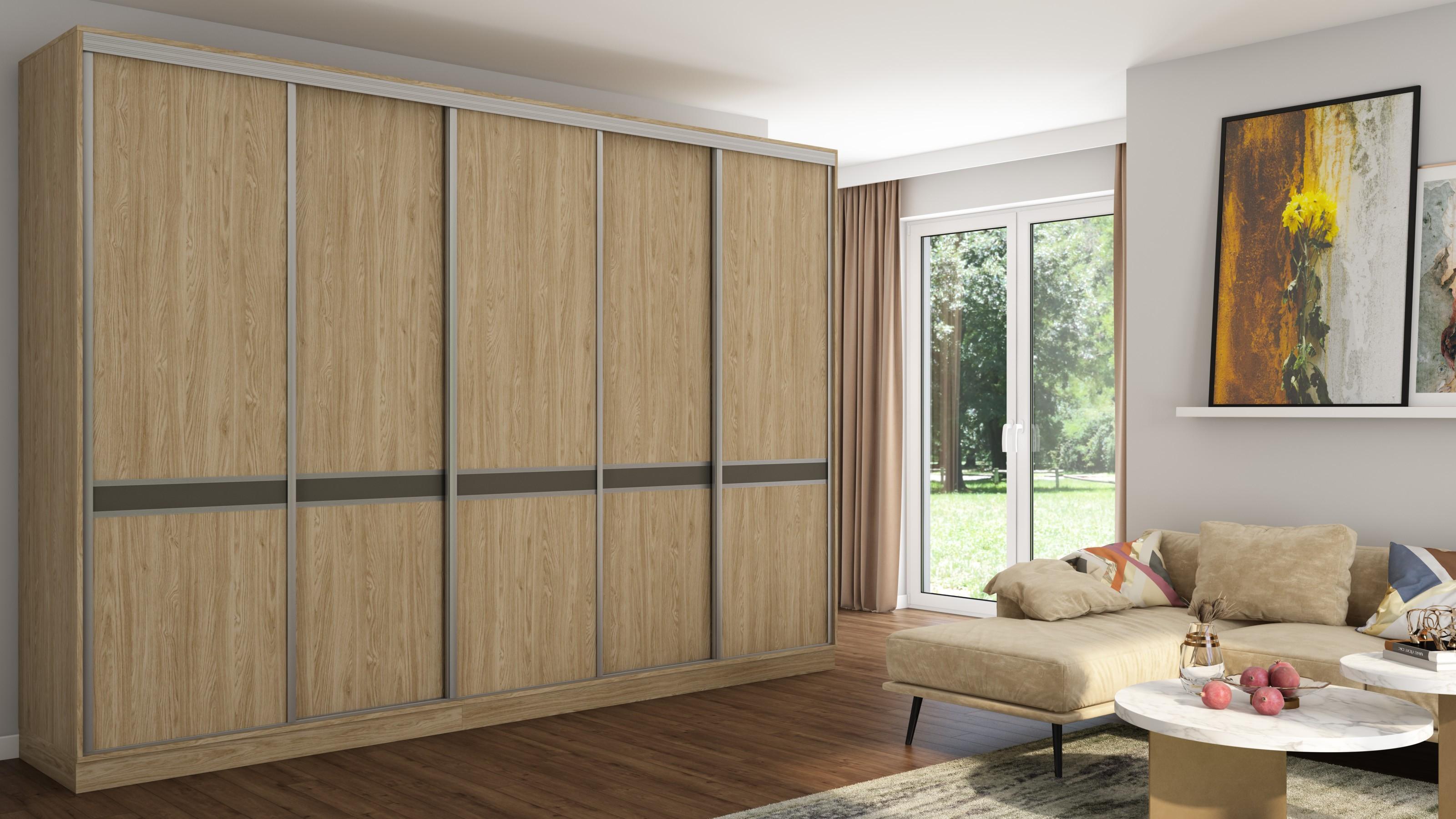 Schiebetürenschrank 5D/340 aus Eichenholz mit Premiumbeschlägen - 340x244x66 cm