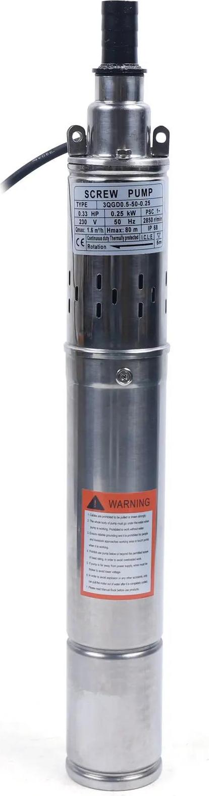 Čerpadlo do hlbokých studní, 3" čerpadlo so šnekovým pohonom z nehrdzavejúcej ocele, 0,25 kW 220 V, 1600 l/h, ponorné čerpadlo, kompatibilné s pieskom, zástrčka EÚ, strieborná