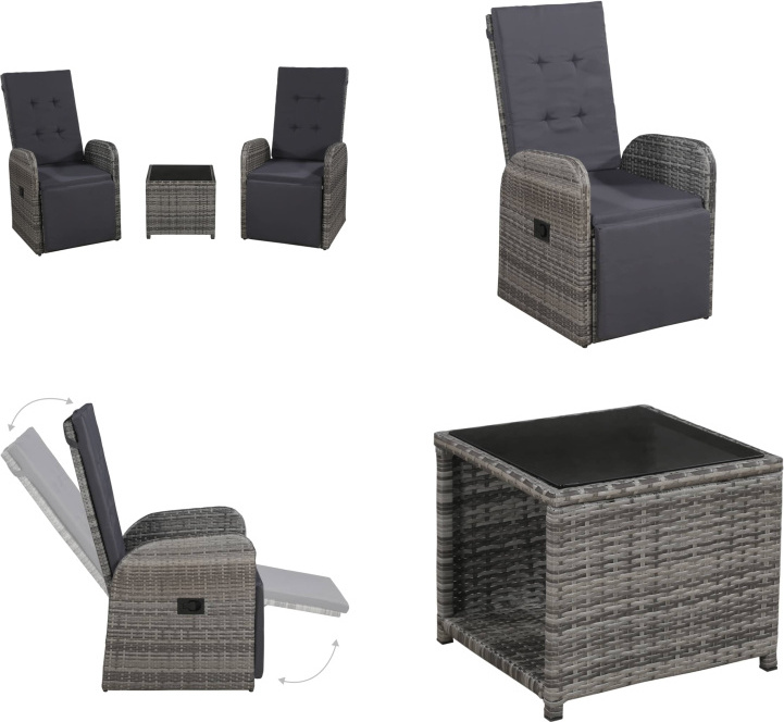 vidaXL 3-dielna bistro súprava s vankúšmi Poly Rattan Grey - Bistro súprava - Bistro súpravy - Kreslá a stôl - Kreslá a stoly