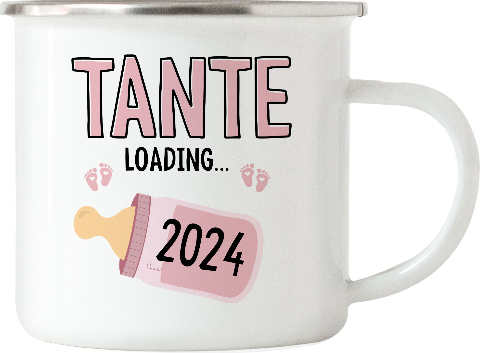 Hey!Print Tante Loading 2024 Emaille Tasse Geschenk Werdende Tante Babynews mit Ladebalken Schwangerschaft Geschenkidee HP-1921-E