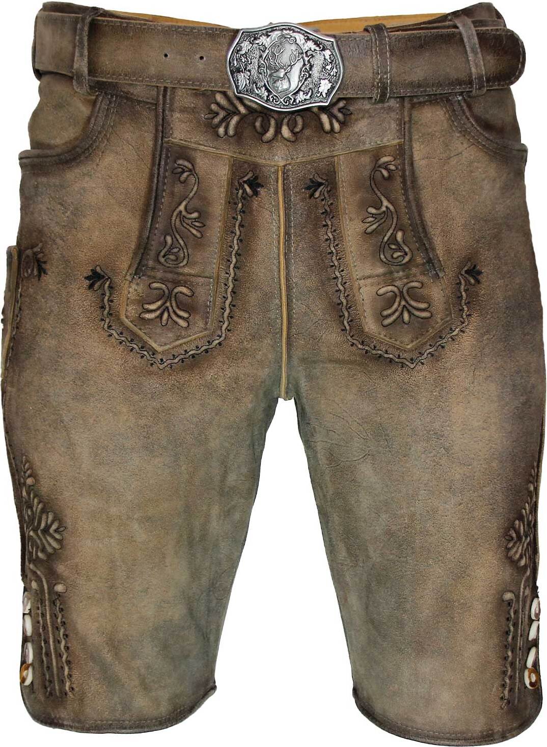 MADDOX Kurze Herren Lederhose "Zugersee" mit Gürtel | Antik R. Sahara Größe: 48 Zugersee Antik R. Sahara
