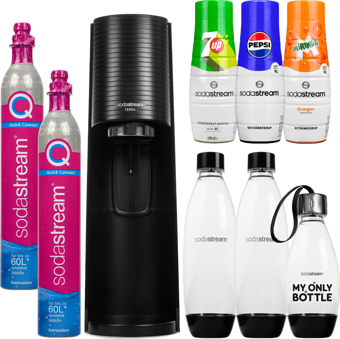 Výrobník perlivej vody SodaStream Terra Black + 3 fľaše + sirupy 7UP, Pepsi, Mirinda + zásobník