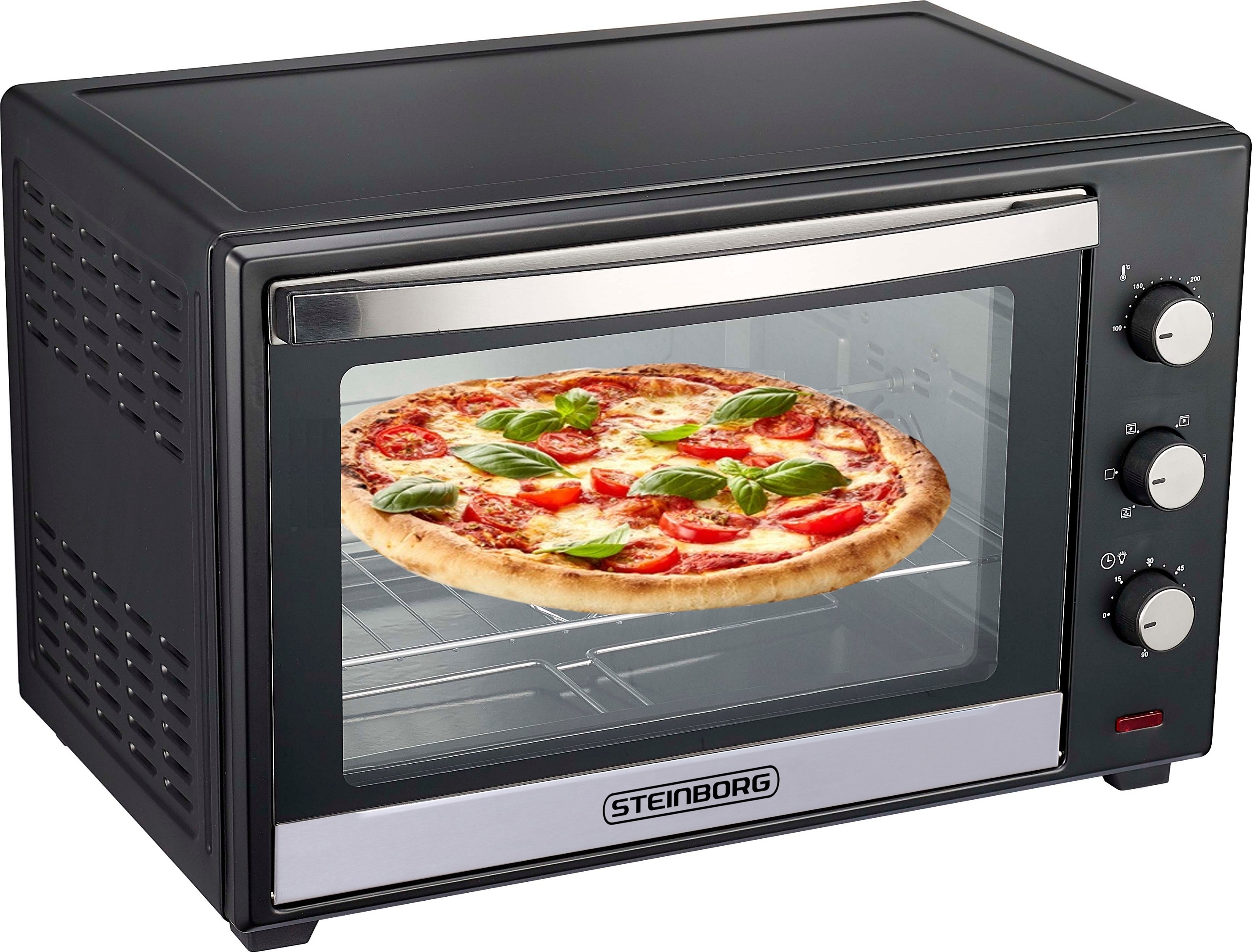 Steinborg Minibackofen 60 Liter | Umluft Ofen | Pizzaofen | Mini Backofen | Freistehender Backofen | Mini-Backofen | Backofen mit Umluft | 2000 Watt | Umluft | Rotisserie | 90 min Timer SB-3006