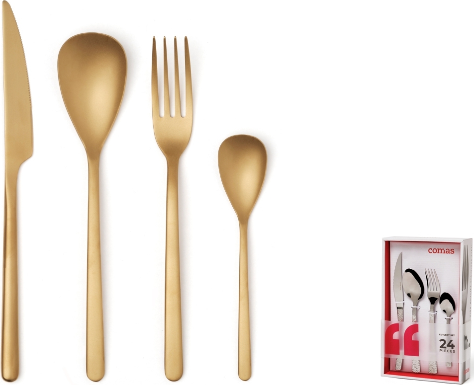Besteckset Tafelbesteck Essbesteck Besteck Gold 24 Teile 6 Personen Messer Gabel Löffel Kaffeelöffel PVD Beschichtung Edelstahl Comas Canada Vintage