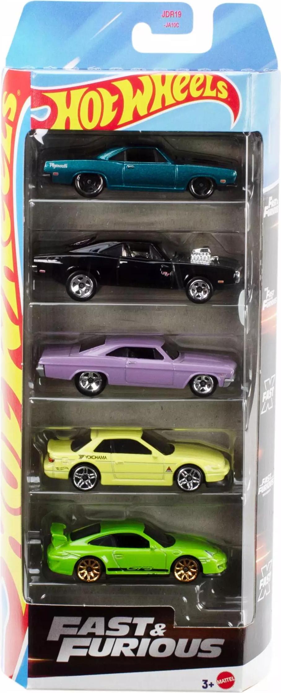 Hot Wheels Fast & Furious Spielzeugautos, Set aus 5 Die-Cast-Fahrzeugen im Maßstab 1:64, inspiriert von und bekannt aus der Filmreihe, JDR19