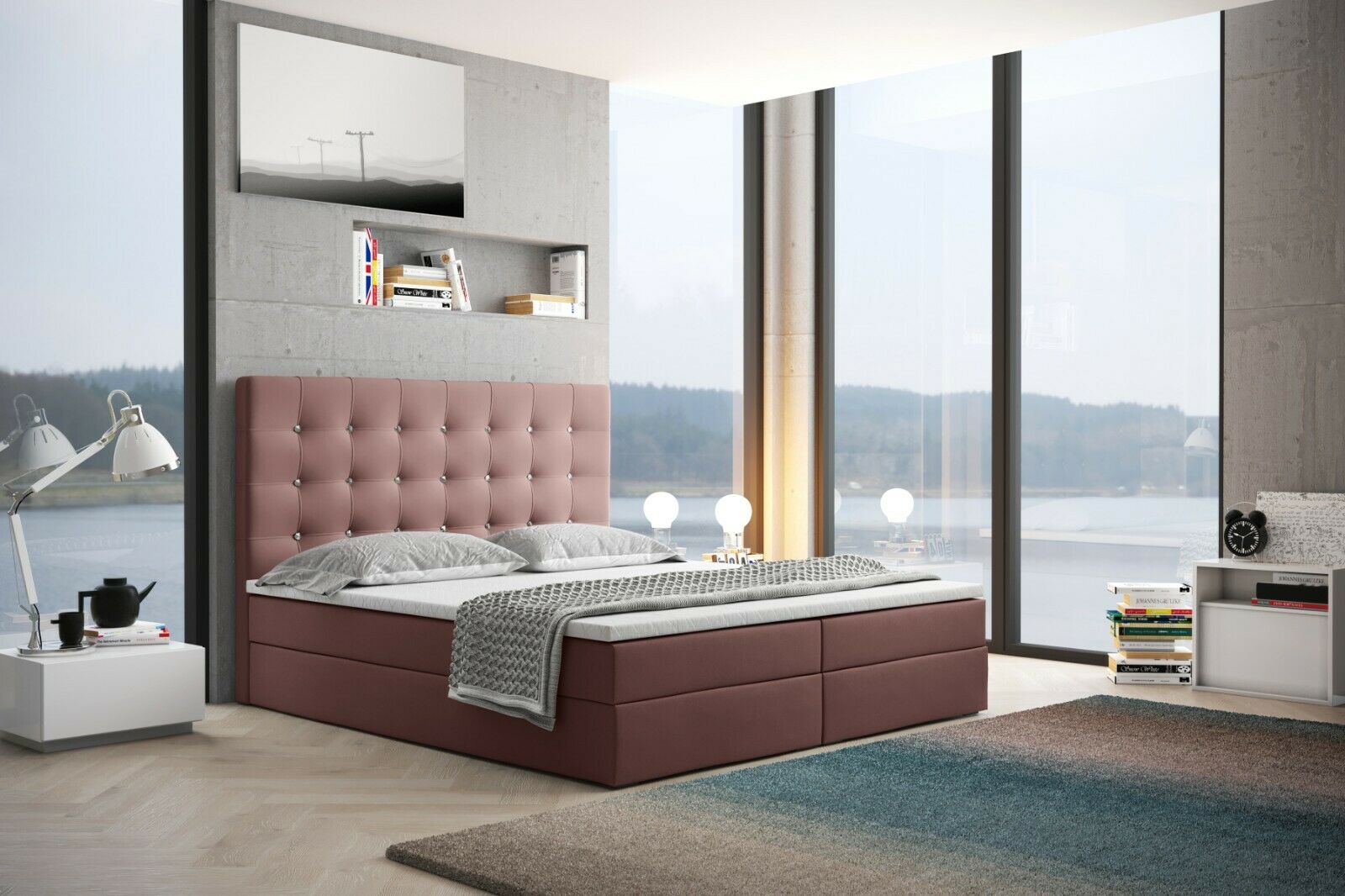 Skriňová posteľ Grekpol Amsterdam 180x200 cm s matracom TFK H3 a topperom, čalúnená posteľ s podnožou Tkanina: Amor Velvet 4308