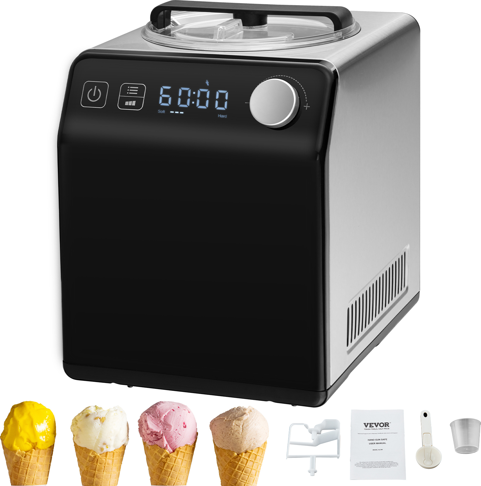 VEVOR Kompressor Eismaschine Eiscrememaschine 2 L, 180 W Frozen Joghurtbereiter Speiseeismaschine 3 Modi Joghurtmaschine Haushalt, Tragbare Eismaschine Sorbet Gelato Geräuscharm Schwarz Elektrisch