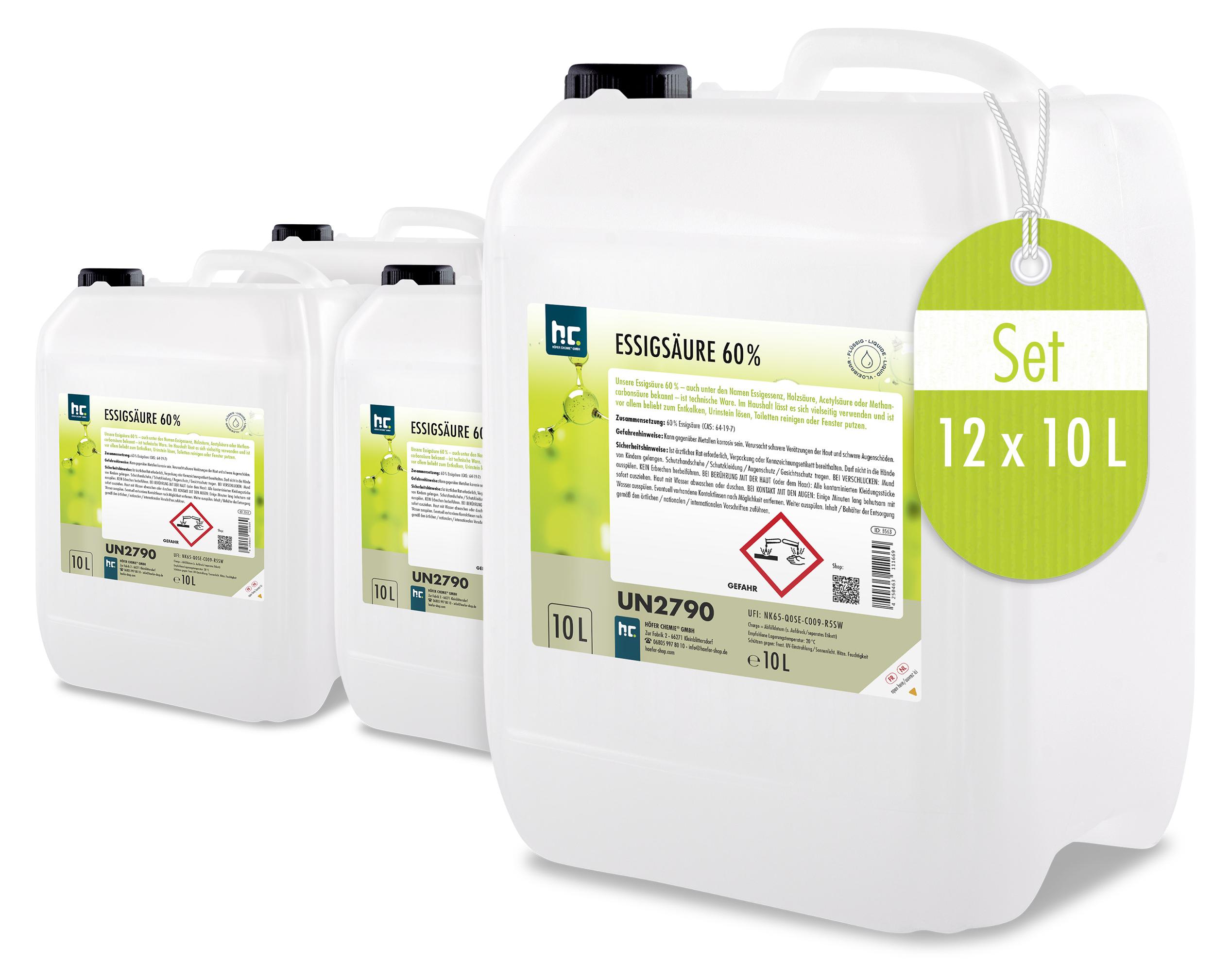 Höfer Chemie 10 Liter hochprozentige Essigsäure 60% zur Entkalkung und Reinigung auch für den Haushaltsgebrauch geeignet