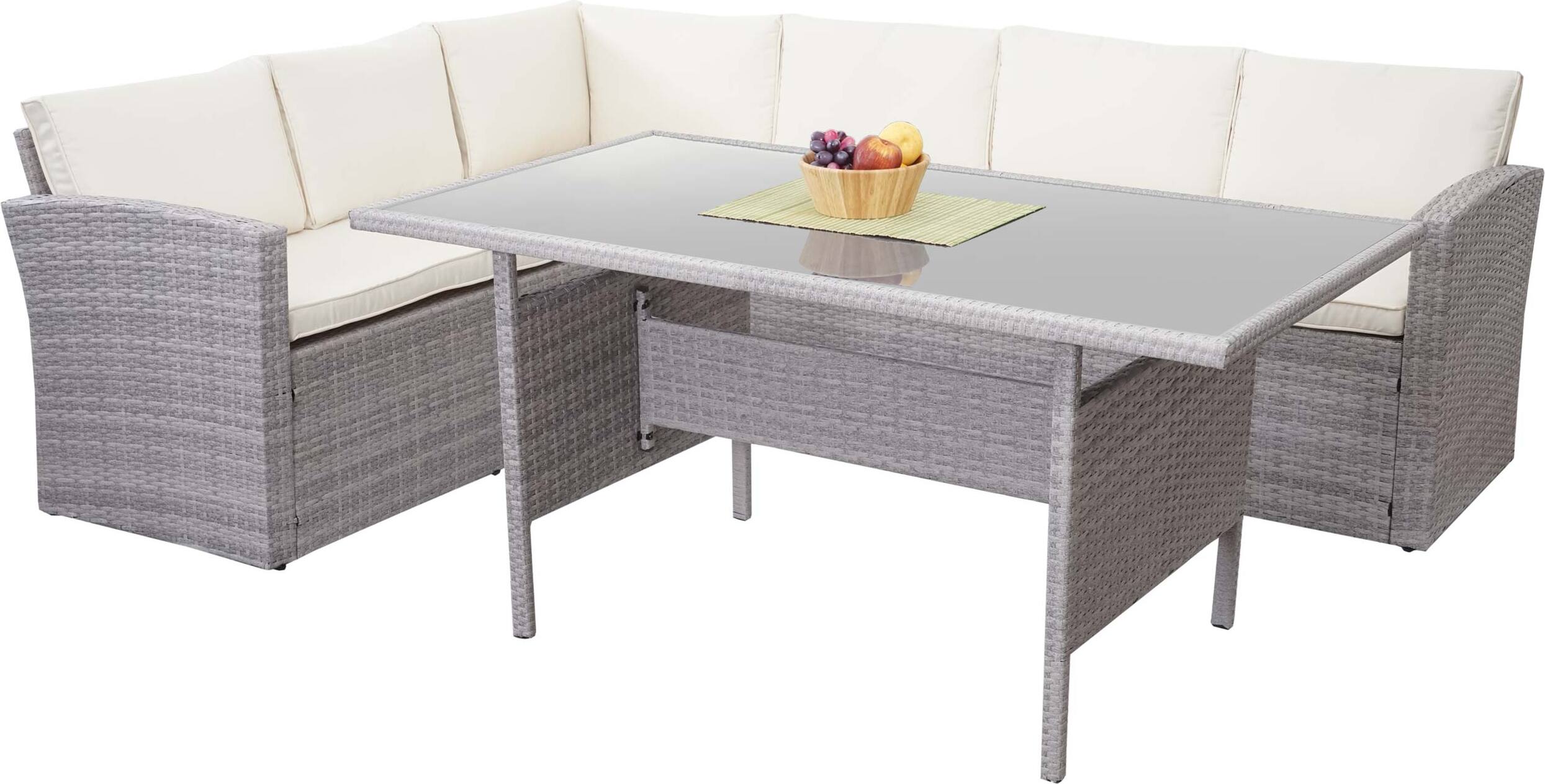 Poly ratanová súprava HWC-A29, záhradná súprava Sedacia súprava Lounge Jedálenský stôl Set Sofa ~ svetlo šedá, vankúše krémové