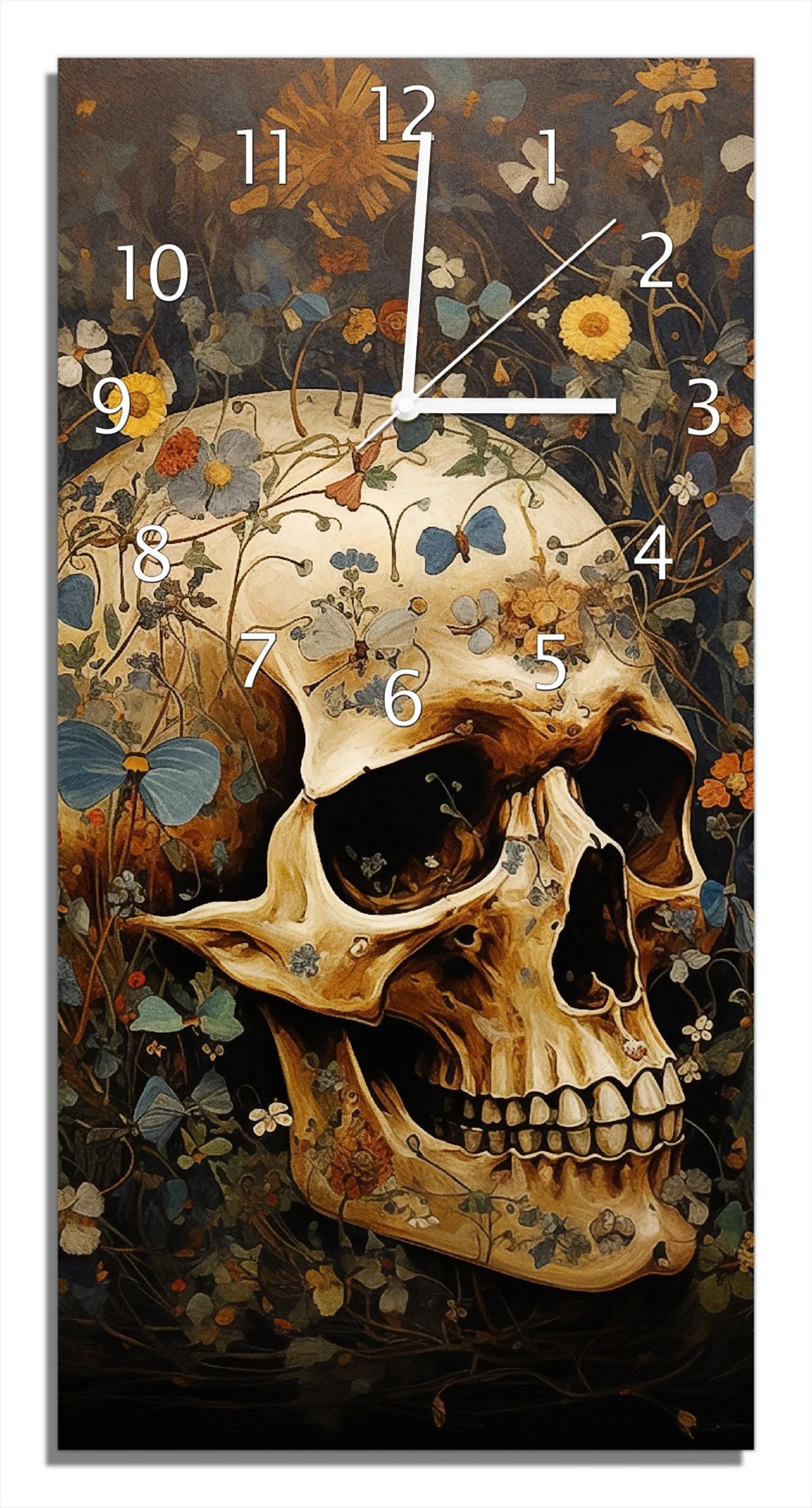 Wallario Design Wanduhr Vergänglichkeit im Blütenmeer aus Echtglas, Größe 30 x 60 cm guk1125-3060