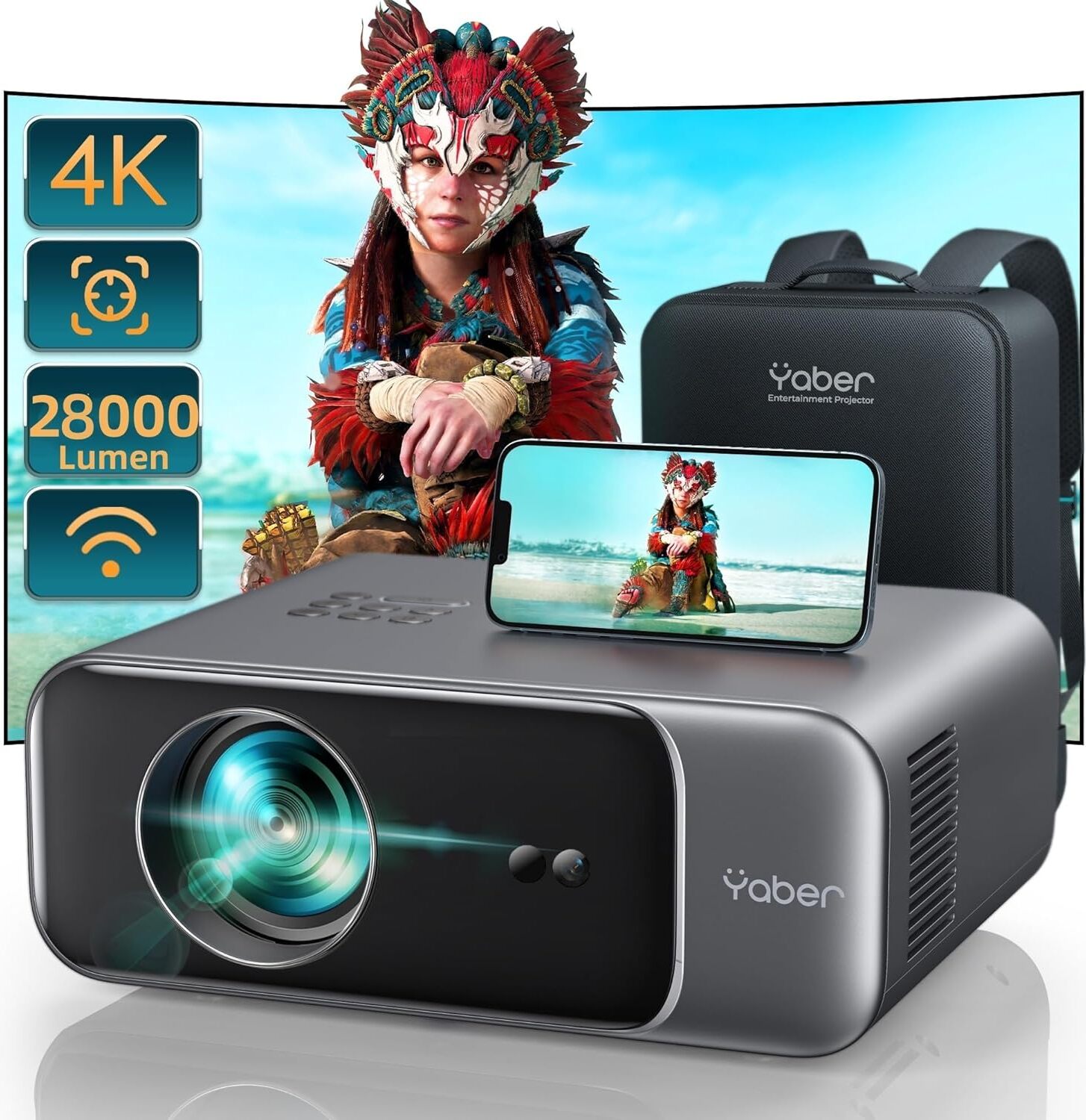 1080P Full HD projektor s podporou 4K videa s WiFi6 Bluetooth, YABER 22000 Lumen Prenosný vonkajší projektor s 300" displejom, pre smartfón/TV Stick/PS5