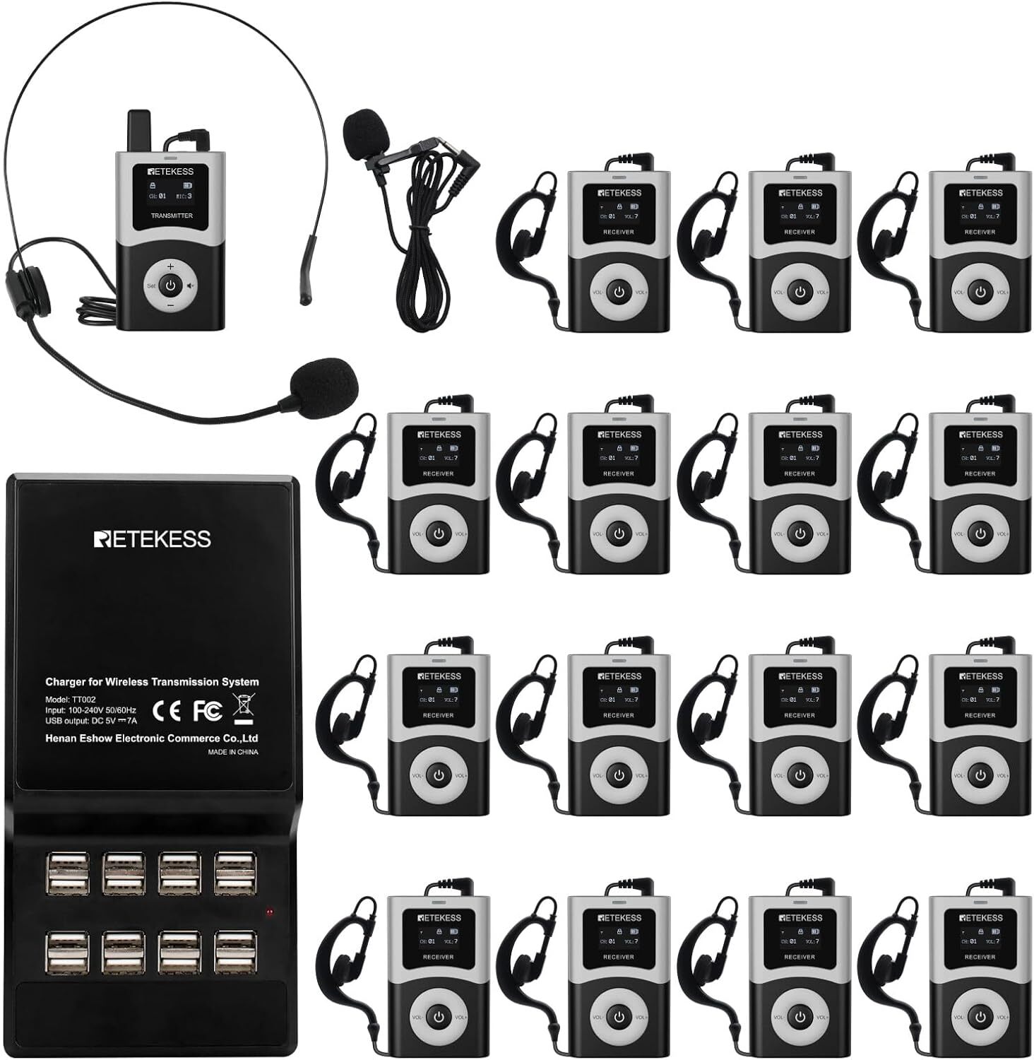 Retekess T130U Tour Guide System, Reiseleiter-Set, Reiseleiter-Mikrofon, 200 m, EIN-Tasten-Bedienung, 16 USB-Ladeanschlüsse, für mehrtägige Touren