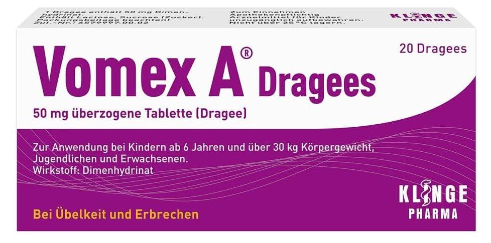Nahrungsergänzungsmittel, Klinge Pharma, Vomex A, für Erwachsene, gegen Bewegungskrankheit, 50mg, 20 Dragees