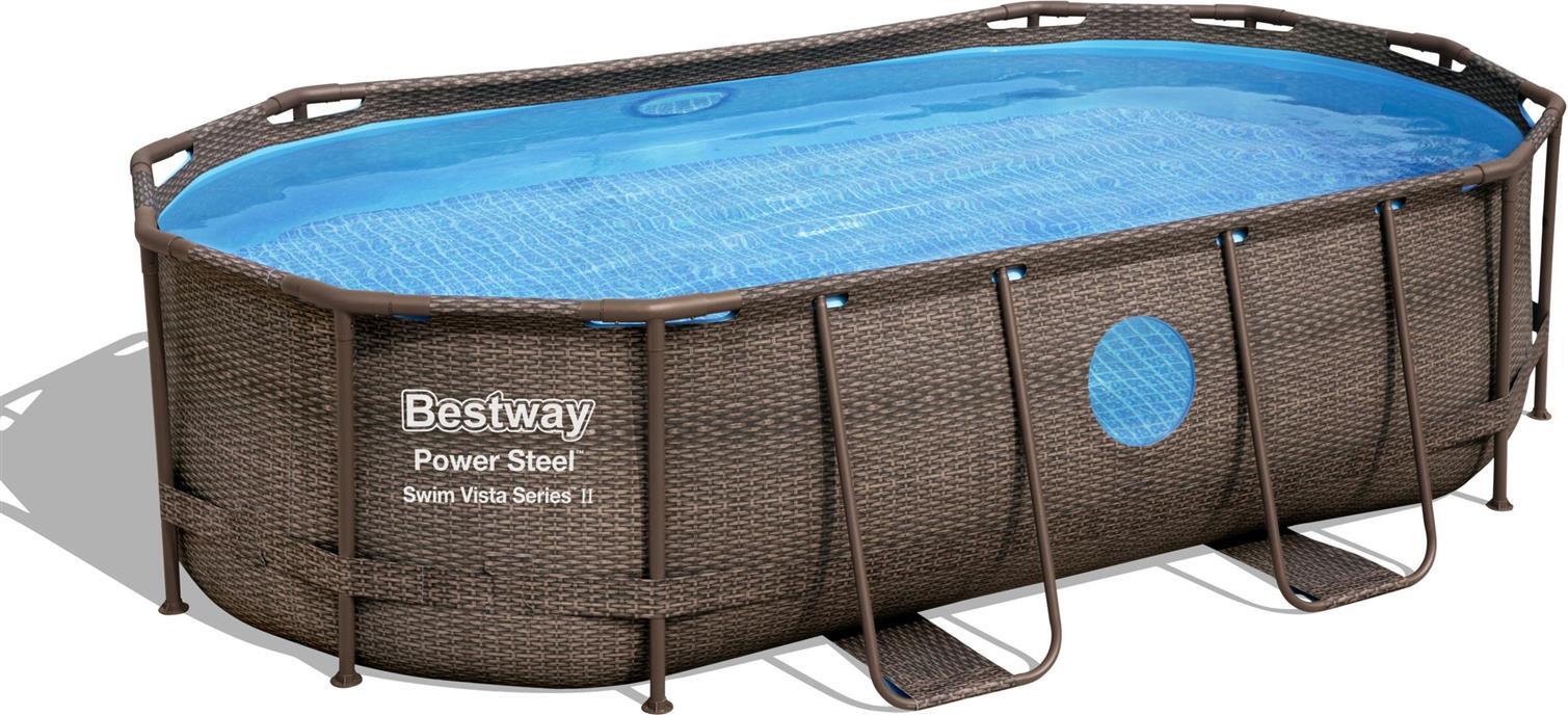 Bestway® Power Steel™ Swim Vista Series™ nadzemný bazén kompletný set s filtračným čerpadlom 427 x 250 x 100 cm, ratanový vzhľad (čokoládovo hnedá), oválny