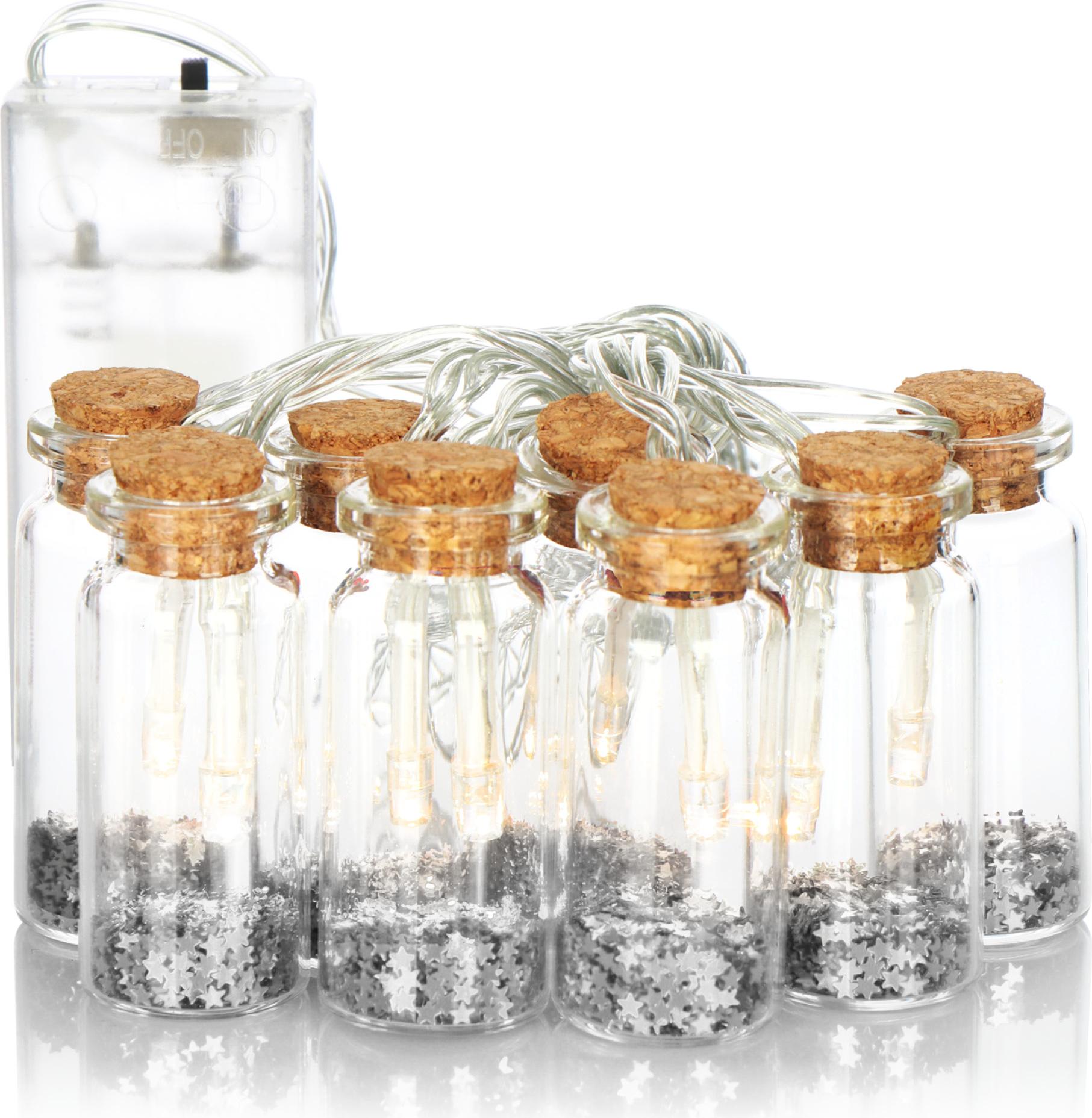 COM-FOUR® LED Lichterkette mit 8 Deko-Fläschchen aus Glas mit Korkverschluss - dekorative batteriebetriebene Lichterketten für innen - bunte Sterne CF14630