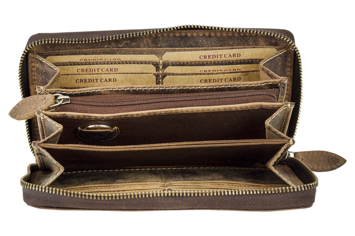 Große Vollleder Damen Geldbörse Natur Usedlook Reißverschluss rundherum Damenlangbörse Portemonnaie Brieftasche lang LEAS in Echt-Leder, Dark Cognac - Vintage-Collection 19,5x9,5x2cm (BxHxT) LEA8229-12-52