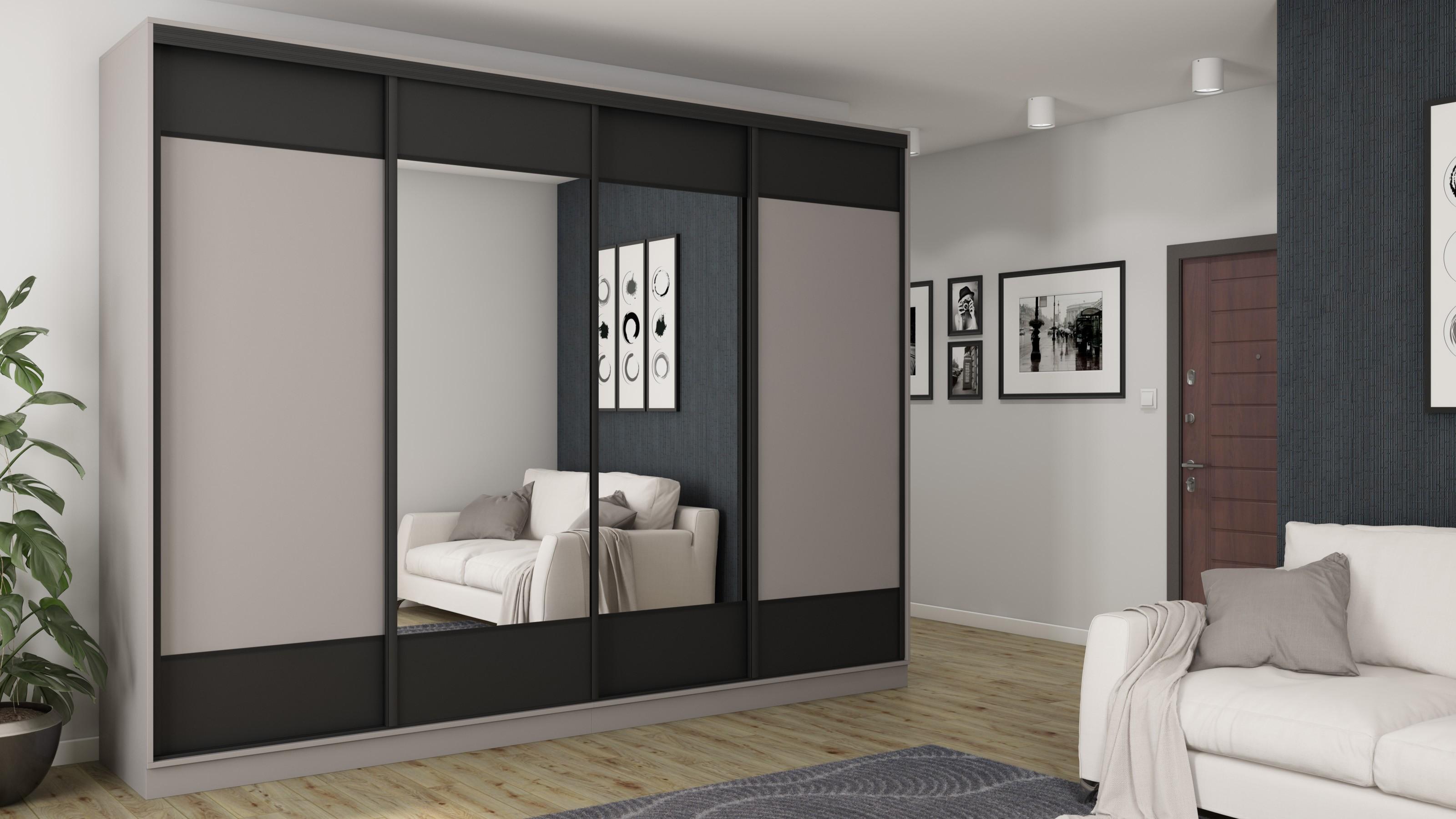 Schiebetürenschrank 4D/320 mit Spiegeln, Grau/Schwarz, 320x244x64 cm