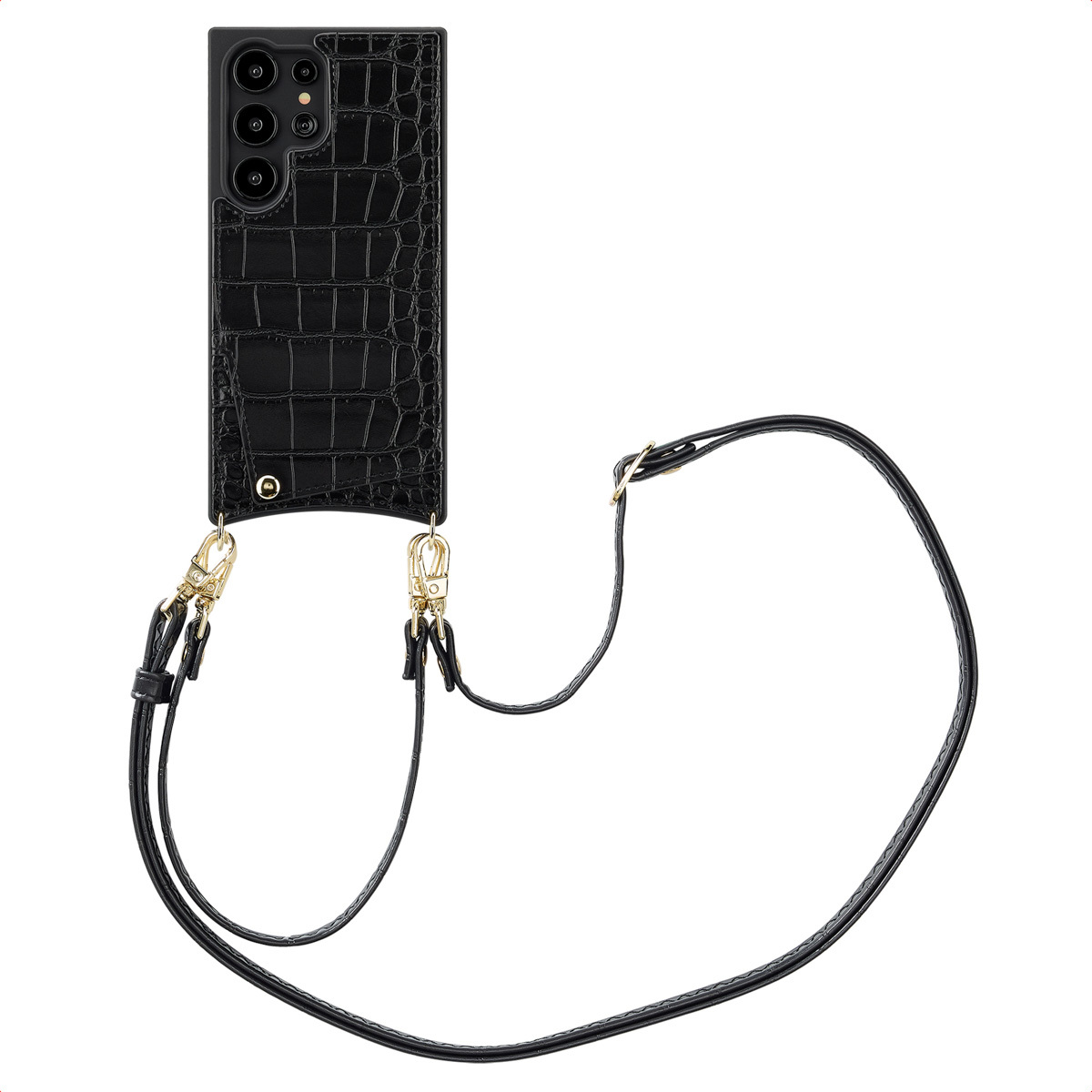 Puzdro na telefón Selencia Nova Croco s káblom a držiakom na karty pre Samsung Galaxy S24 Ultra - čierne