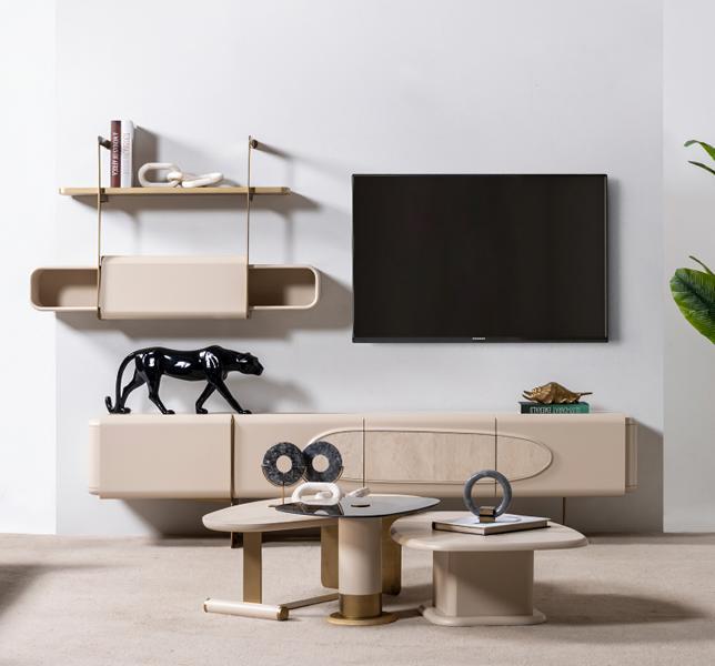 AEA Modern TV-Unit mit 3x Couchtische Robust 4-tlg. Wohngruppe Beige Tisch JVM4069424981360