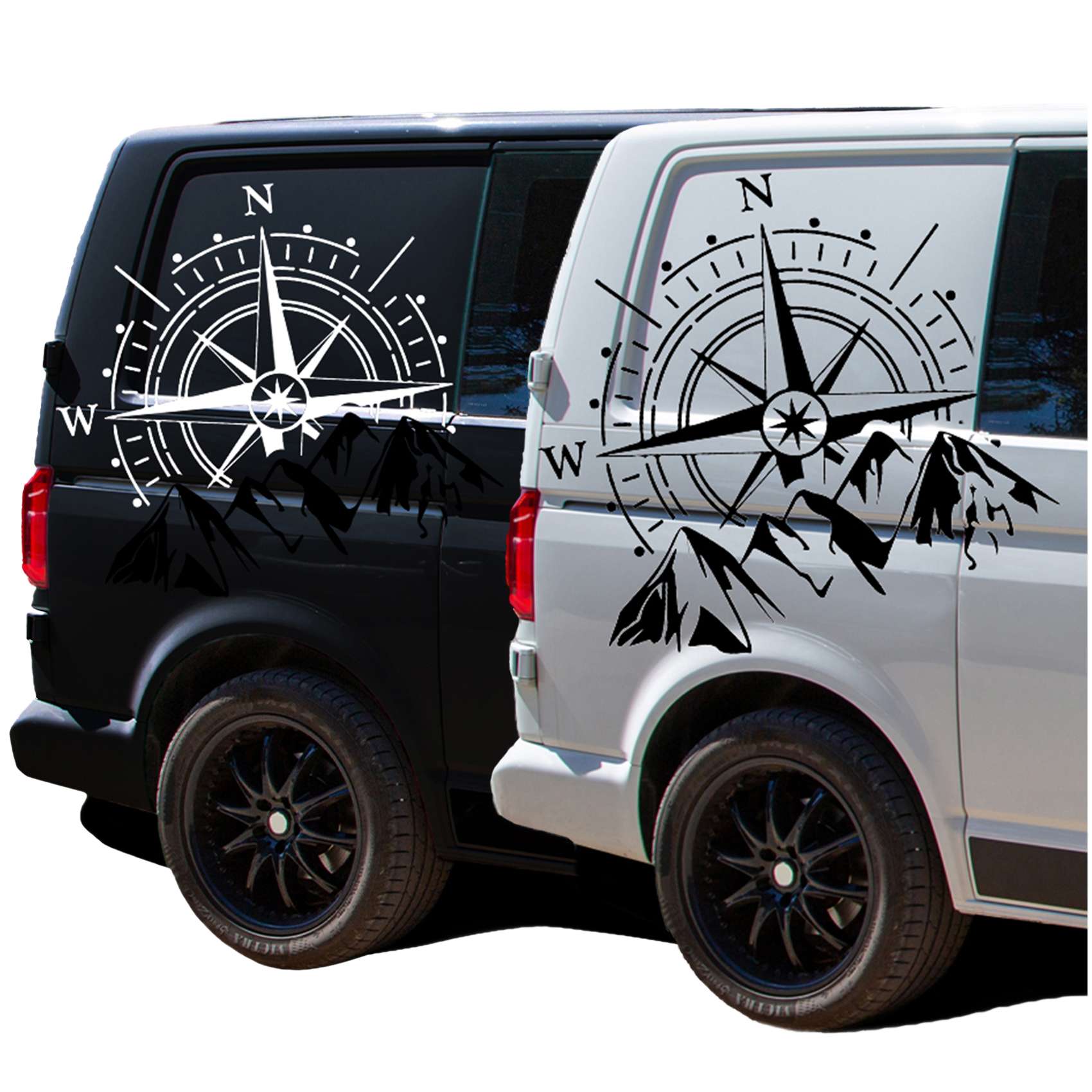 Aufkleber Set Kompass & Berge Weiß Schwarz 60x56cm Windrose Sticker Auto  Wohnwagen KX072