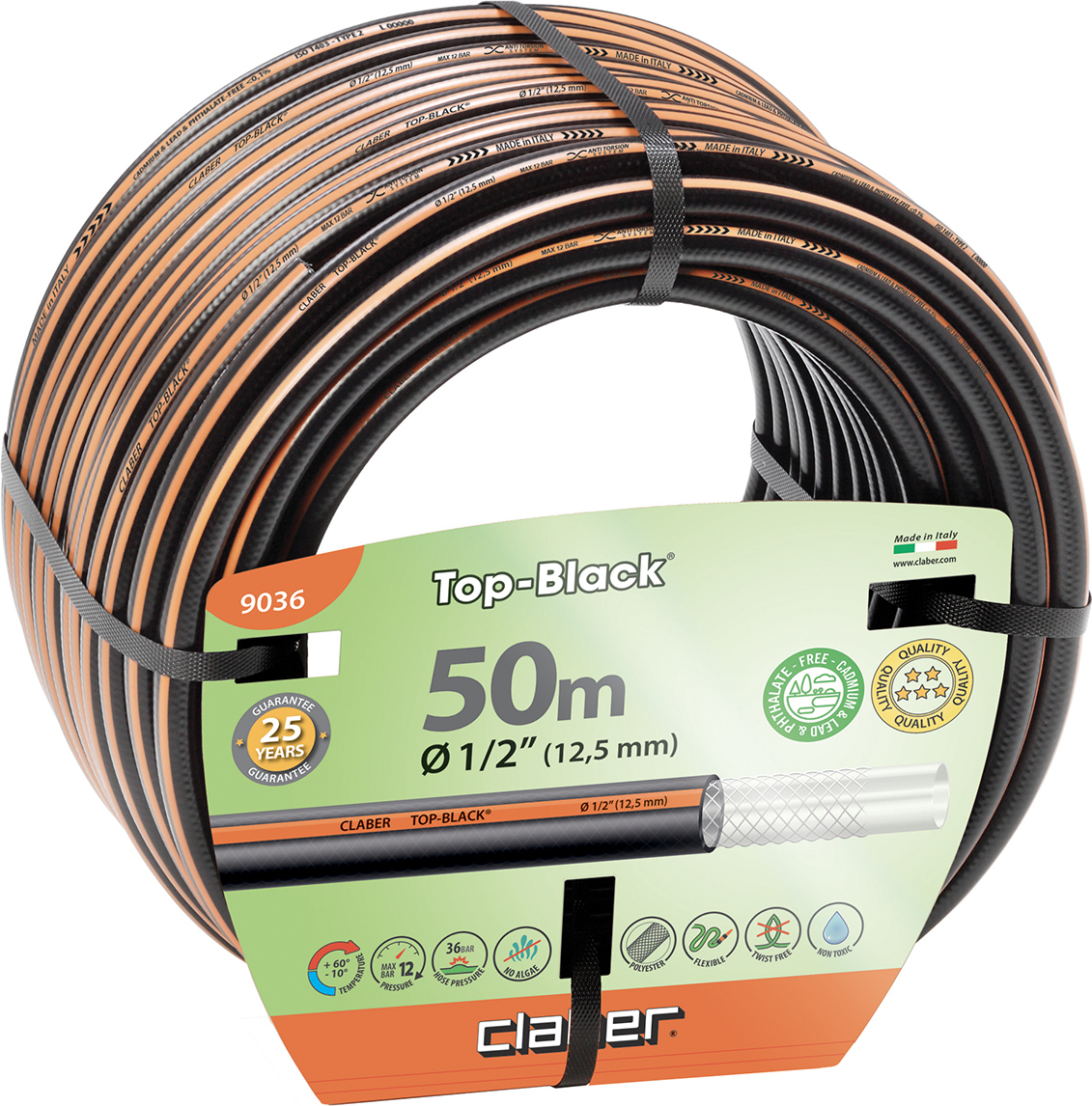 claber® Top-Black Wasserschlauch – Hochstabile, UV-beständige Gartenschlauch Technologie Ø 1/2" (12,5 mm) 50 m