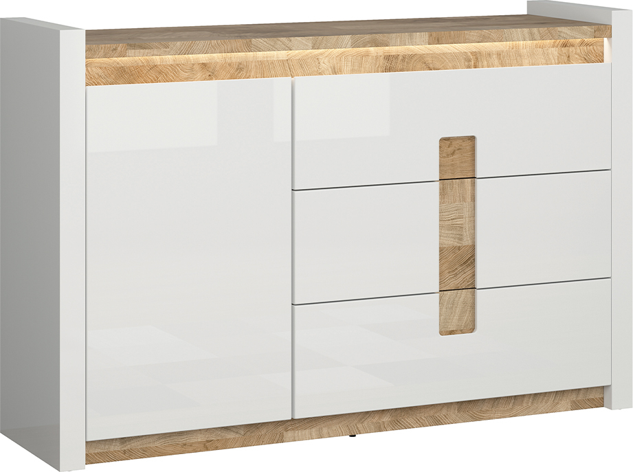 Buffet Helios mit 3 Schubladen und 1 Tür, Weiß und Holzoptik, 147cm