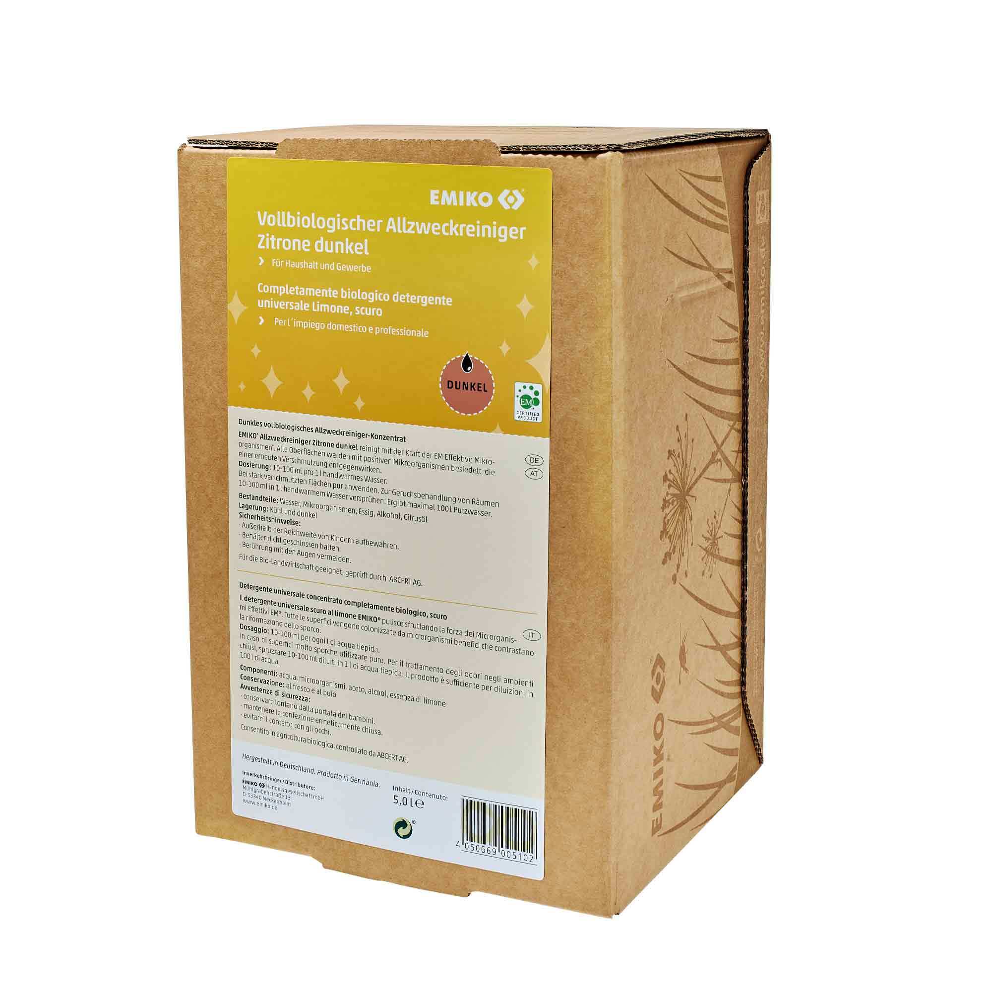 Emiko Allzweckreiniger Zitrone 5 Liter Dunkler Bio-Allzweckreiniger mit EM-Mikroorganismen Es wurde keine Herstellernummer in den Produktdaten gefunden.