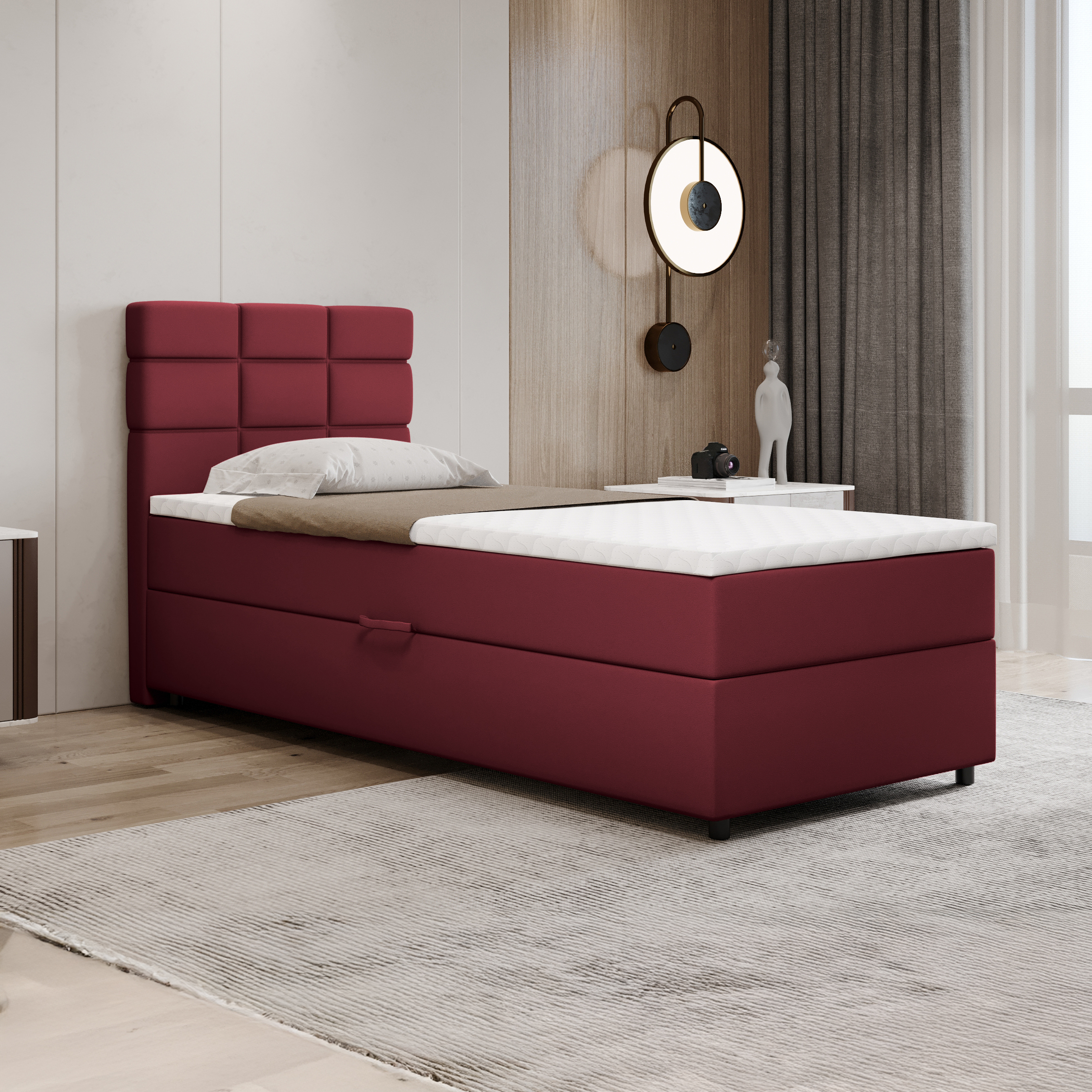 Boxspringbett 90x200, mit Bettkasten, Rot, Matratze und Topper, Einzelbett, REVE, Panda Möbel