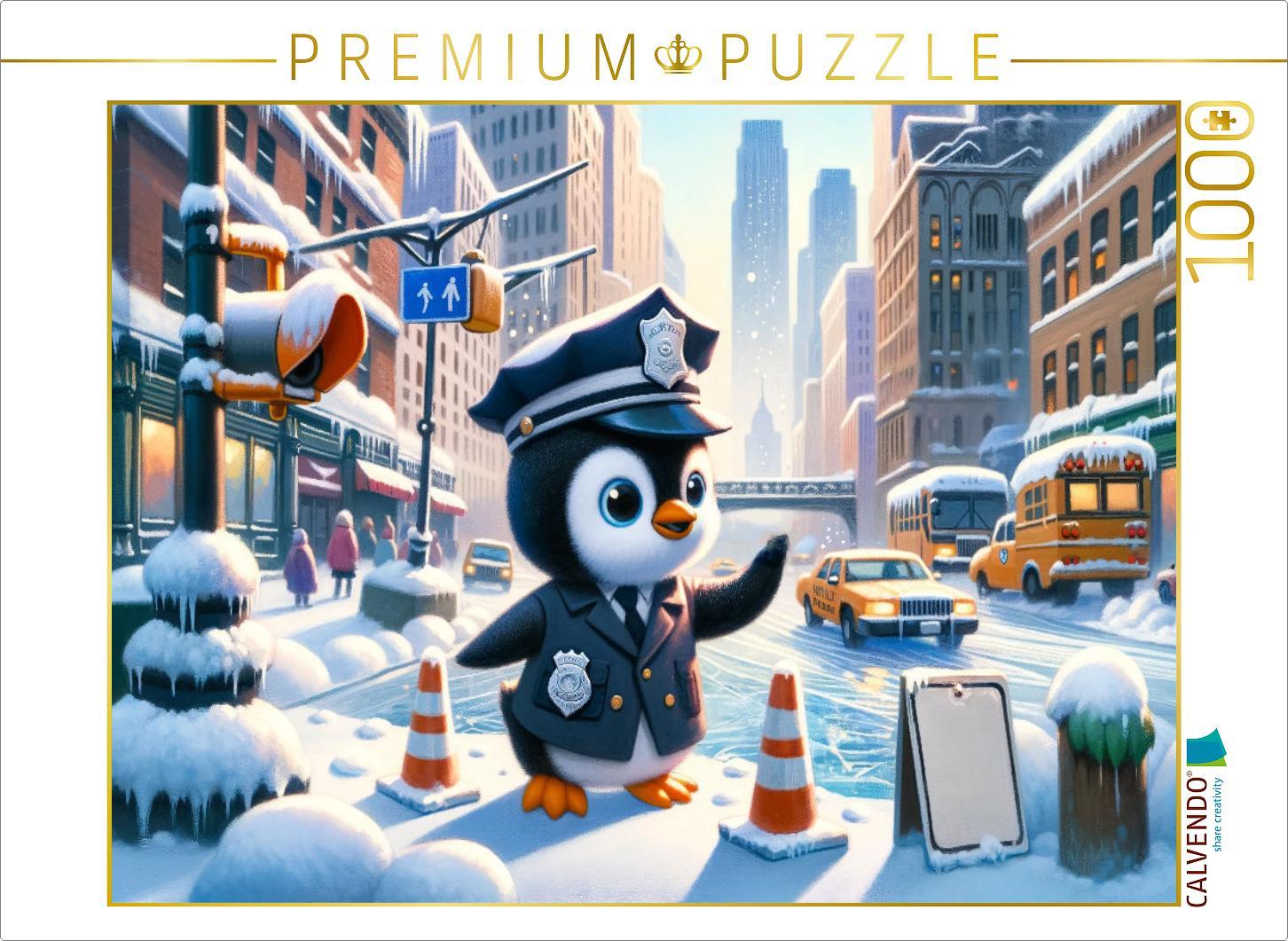 CALVENDO Puzzle Wächter des Winters: Der Pinguin Polizeikommissar im verschneiten Stadtzentrum | 1000 Teile Lege-Größe 64x48cm Foto-Puzzle für glückliche Stunden