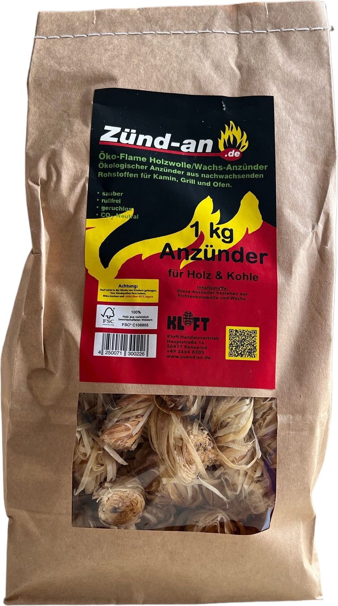 Kloft Zünd-an Öko Kaminanzünder 1kg, Grillanzünder Anzündwolle Anzünder Holzwolle Ofenanzünder