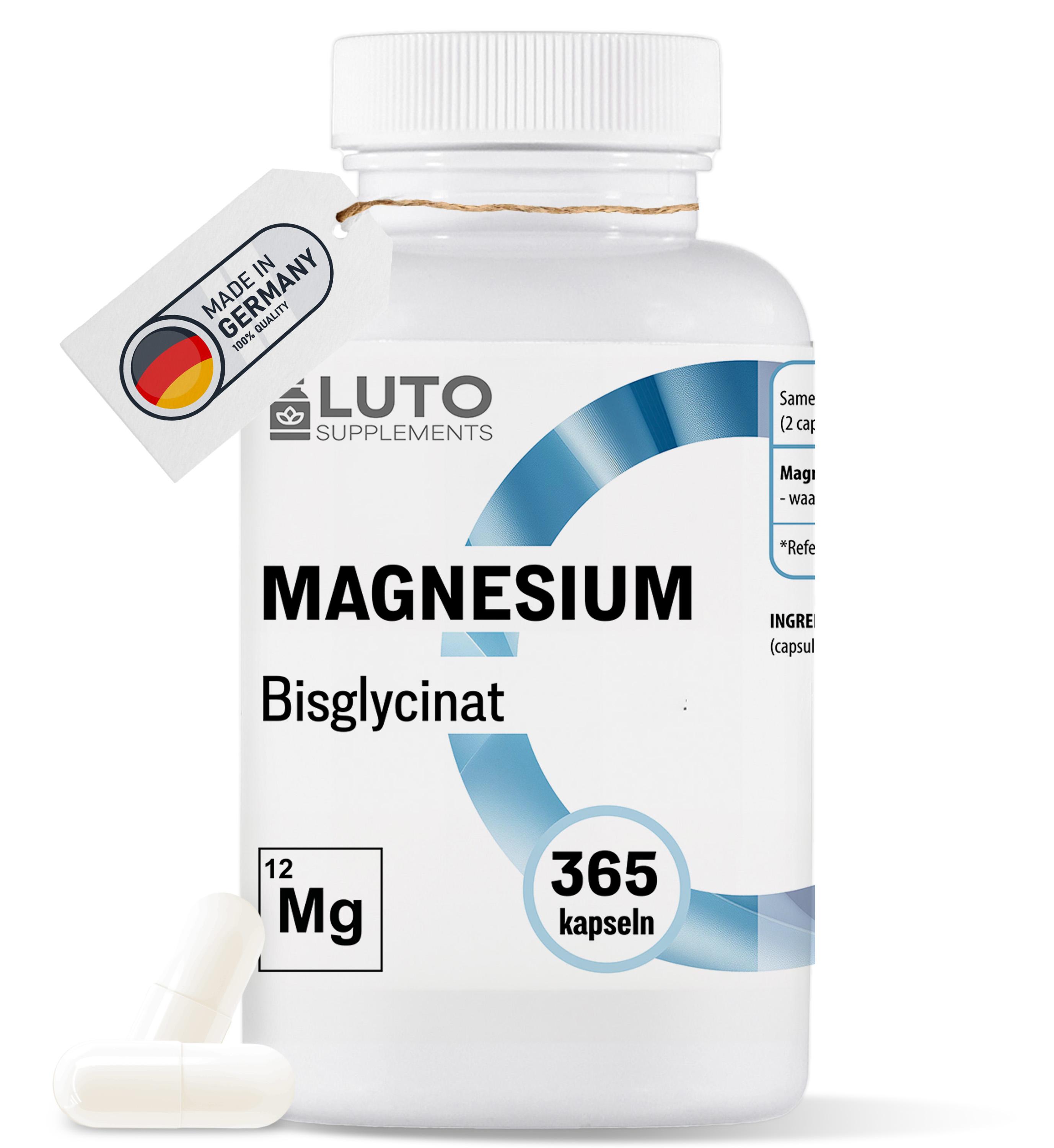 Magnesiumglycinat – 365 capsules – 197 mg elementares Magnesium (Bisglycinat/Glycinat), tägliche Dosierung – Luto Supplements