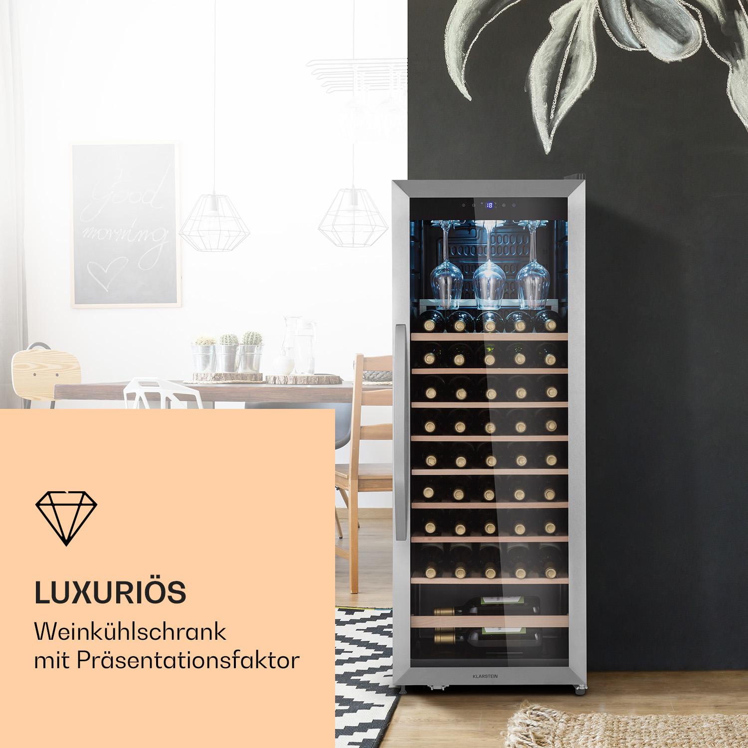 Klarstein Weinkühlschrank, Getränkekühlschrank Schmal, Kühlschrank mit Glastür, Getränkekühlschränke Freistehend, Weinkühlschrank Klein, Weinkühlschränke 1 Zonen, UV-Schutz, 4-18 °C, 46 Flaschen 35
