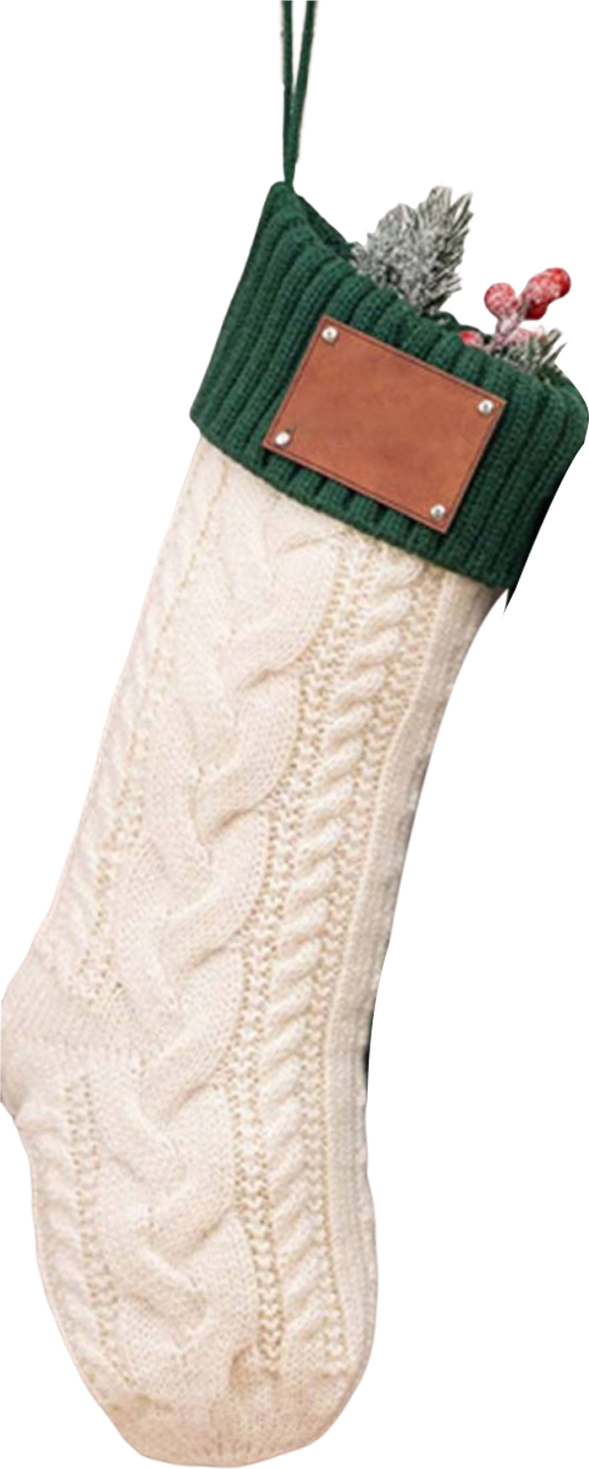 Homedvery Weihnachtsstrumpf, groß, gestrickt, zum Aufhängen, Weihnachtsstrumpf mit Kunstleder-Patches, Weihnachtsbaum-Dekoration für die Feiertage und das Zuhause, weiß 4289997