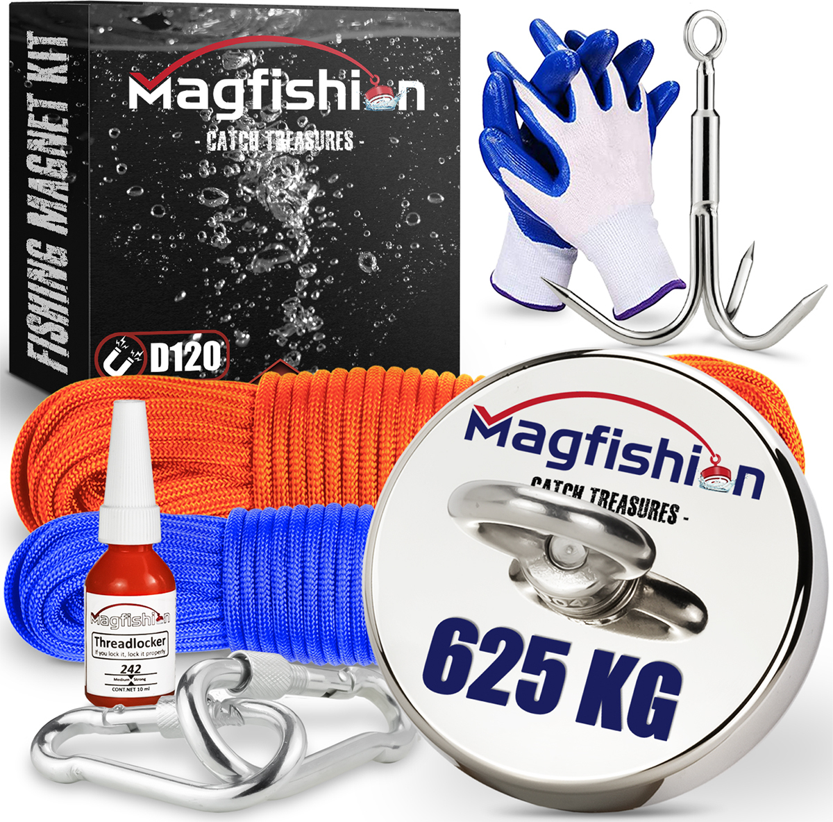 Magfishion - Mega Magnetfischen Set – 650 kg - Ø120mm - Neodym Magnet Mit 2 Seilen – Perfekt zum Magnet Fischen - Ösenmagnet - Magnetangeln