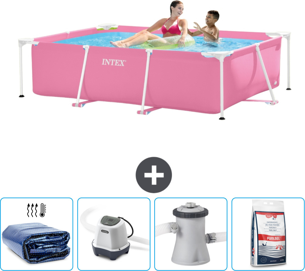 Bazén Intex s obdĺžnikovým rámom - 220 x 150 x 60 cm - ružový - vrátane markízy - systém so slanou vodou - filtračné čerpadlo pre bazén - bazénová soľ