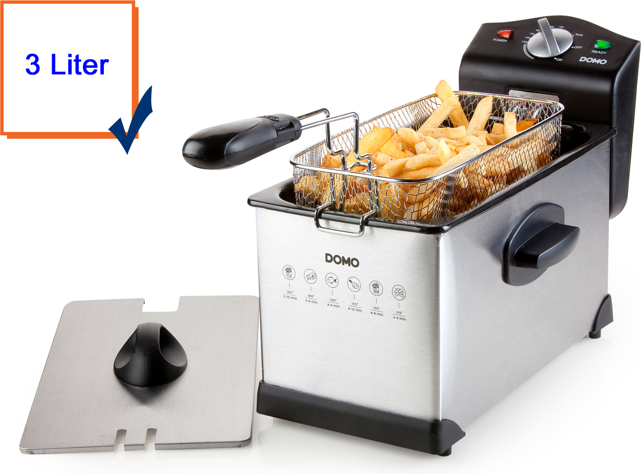 DOMO Fritteuse 3L Edelstahl Kaltzonen Friteuse 2000W 3 Liter Fritöse Frittöse DO514FR