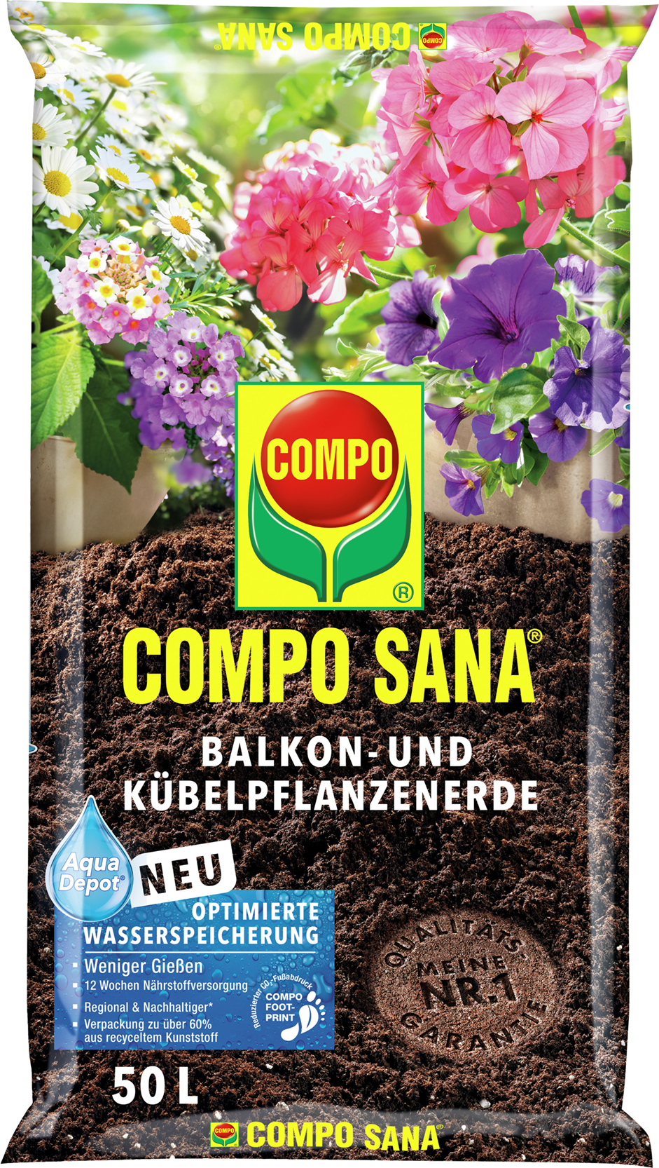 COMPO SANA Balkon- Und Kübelpflanzenerde 50L, Mit 12 Wochen Dünger & Aqua Depot