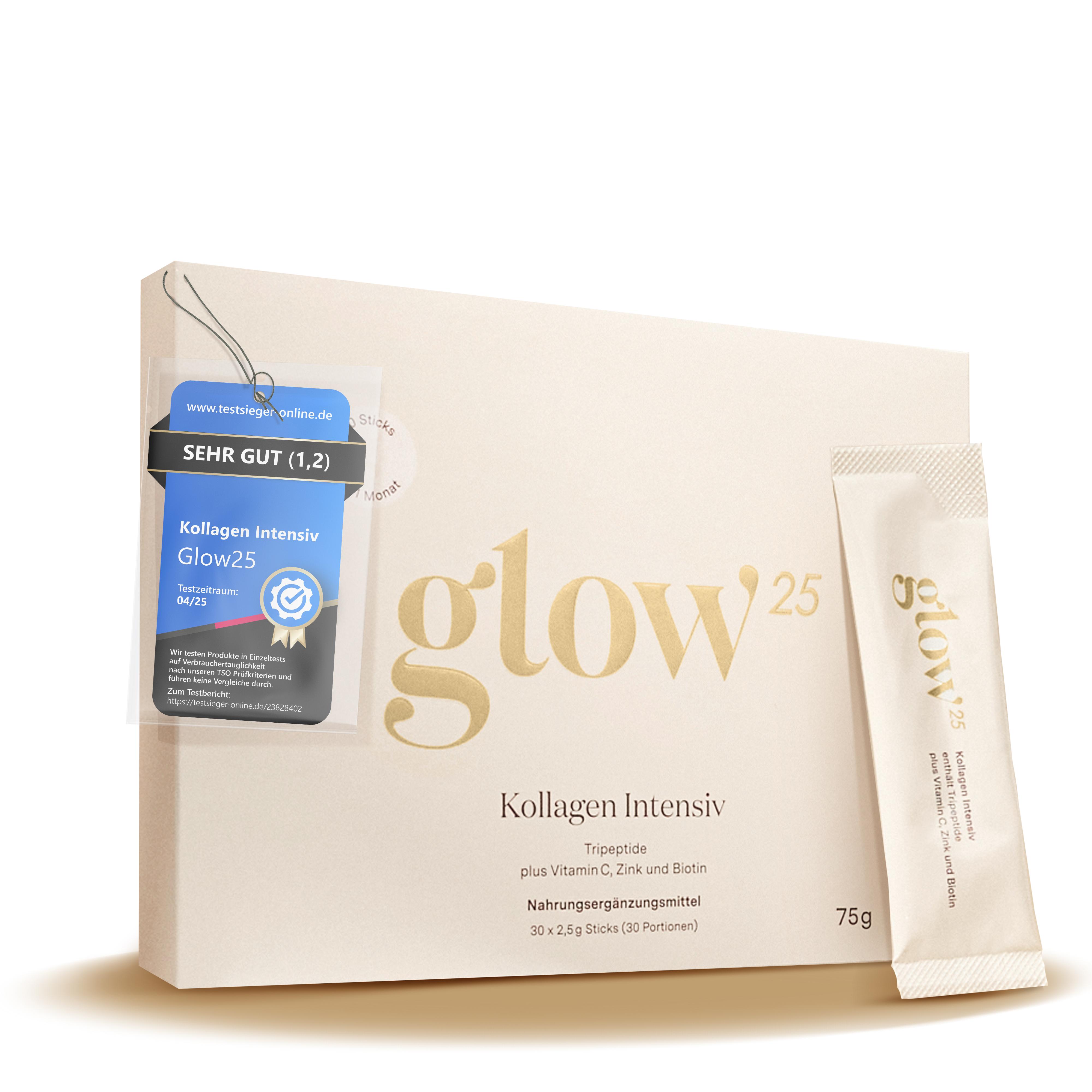 Glow25® Kollagen Intensiv [30 Sticks] – mit Tripeptiden, Vitamin C, Zink und Biotin – Premium Collagen Hydrolysat – Peptide Typ 1 und 3