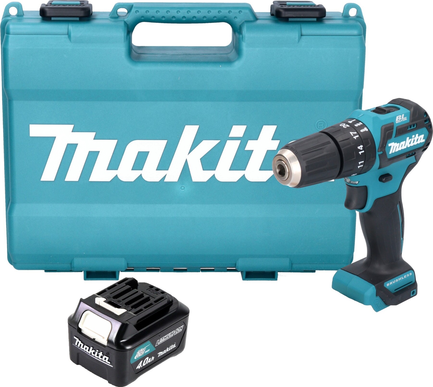 Akumulátorová príklepová vŕtačka Makita HP 332 DM1E 12 V max. 35 Nm bez kefiek + 1x akumulátor 4,0 Ah + kufor - bez nabíjačky