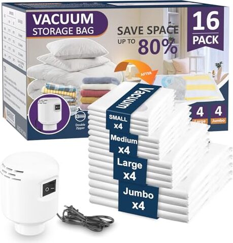 BQSS -Vákuové vrece na oblečenie Elektrická vzduchová pumpa, 16 balení (4jumbo/4large/4medium/4small) periny, matrace, prikrývky, vankúše, cestovanie rýchlejšie Def