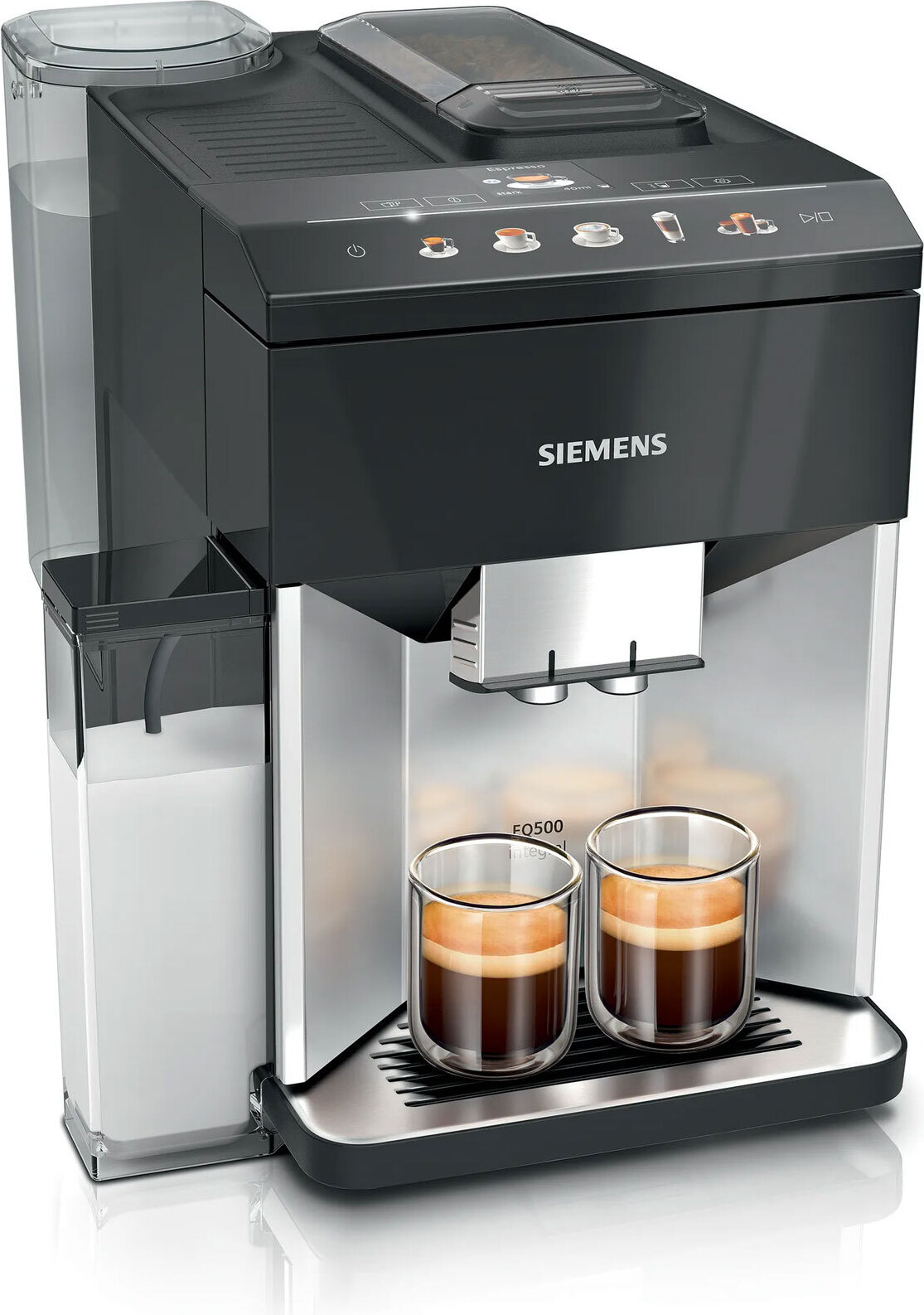 Siemens EQ.500 TQ513D01, Espresso kávovar, 1,9 L, Kávové zrná, Vstavaný mlynček, 1500 W, Čierna, Strieborná