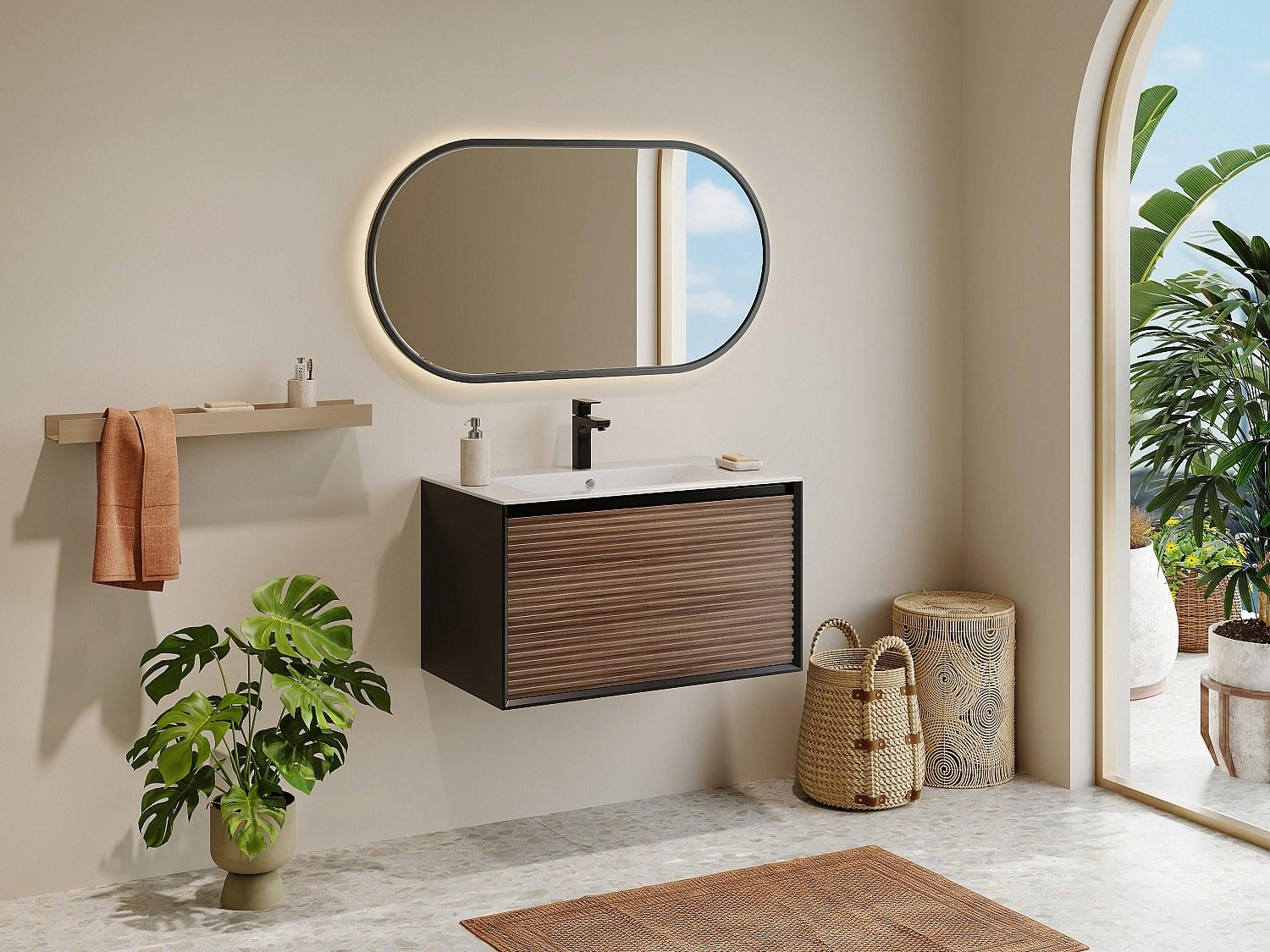 Vente-unique Rillenförmiger Wandwaschtisch - Natur dunkel und schwarz - 80 cm - BANIVA