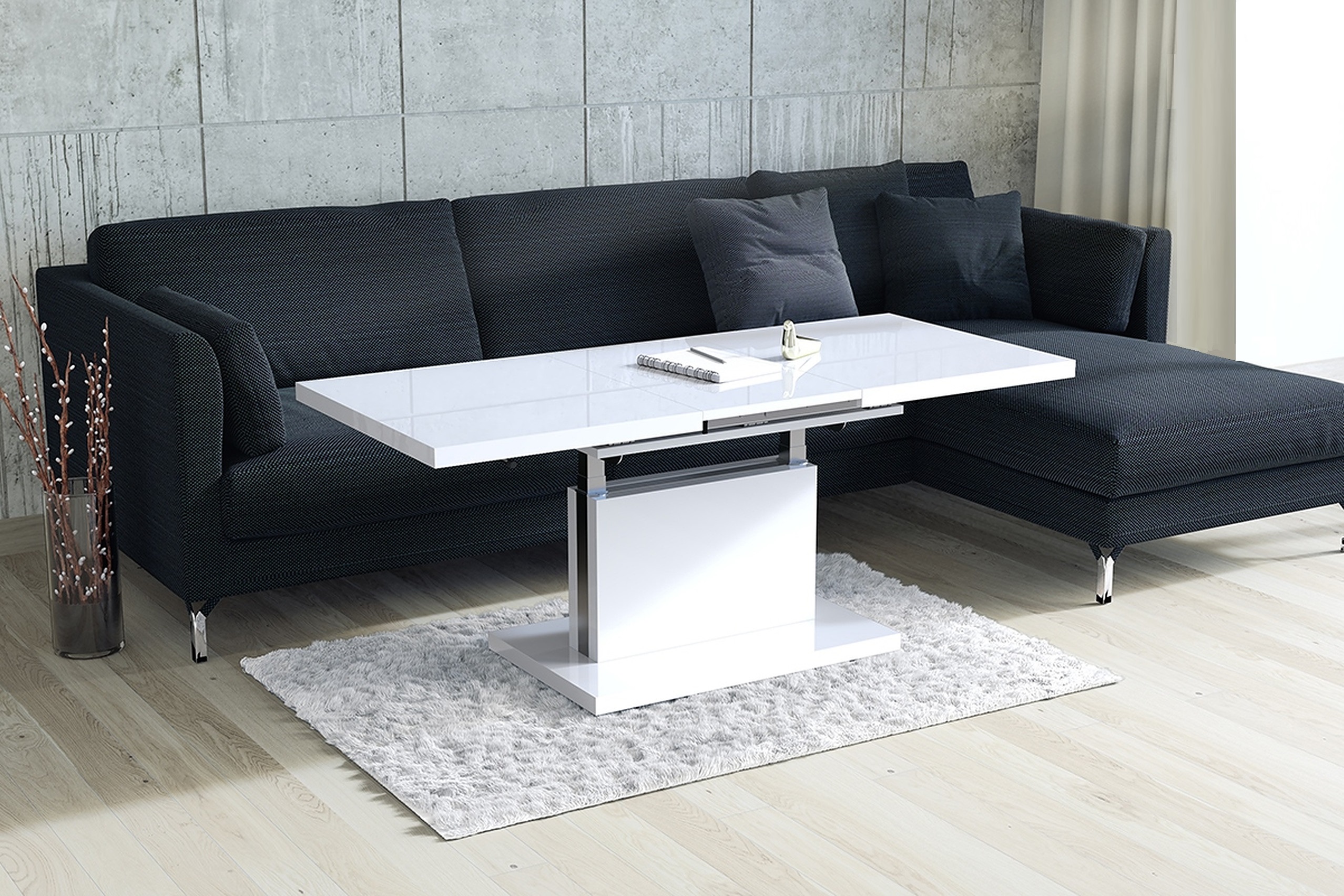 Design Couchtisch Tisch Aston Weiß Hochglanz stufenlos höhenverstellbar  ausziehbar 20 bis 20cm Esstisch