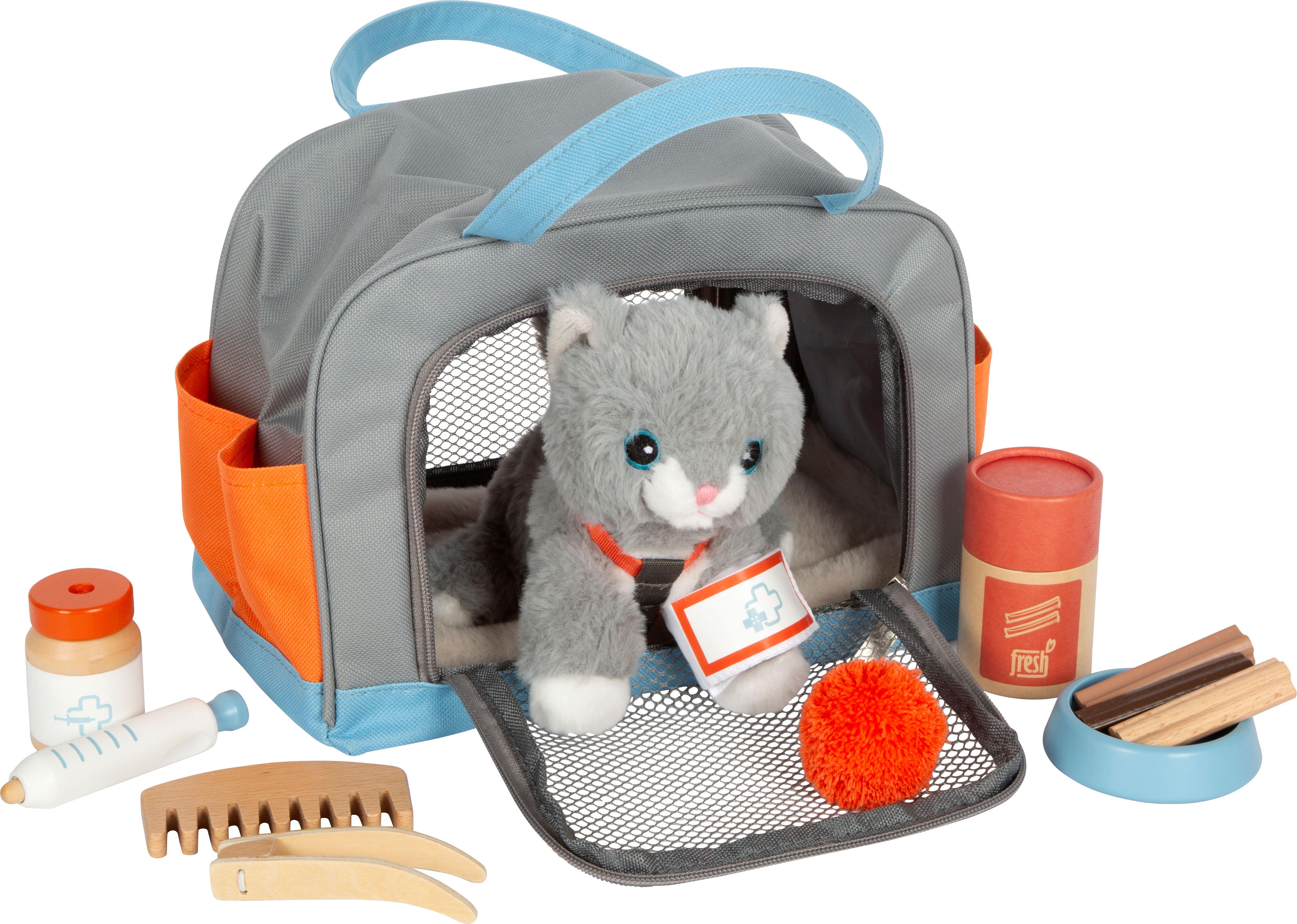 Small Foot – Chat En Peluche Avec Set De Soin – Jouet Animal Domestique – Sac De Transport, Panier, Gamelle, Seringue – Dès 2 Ans